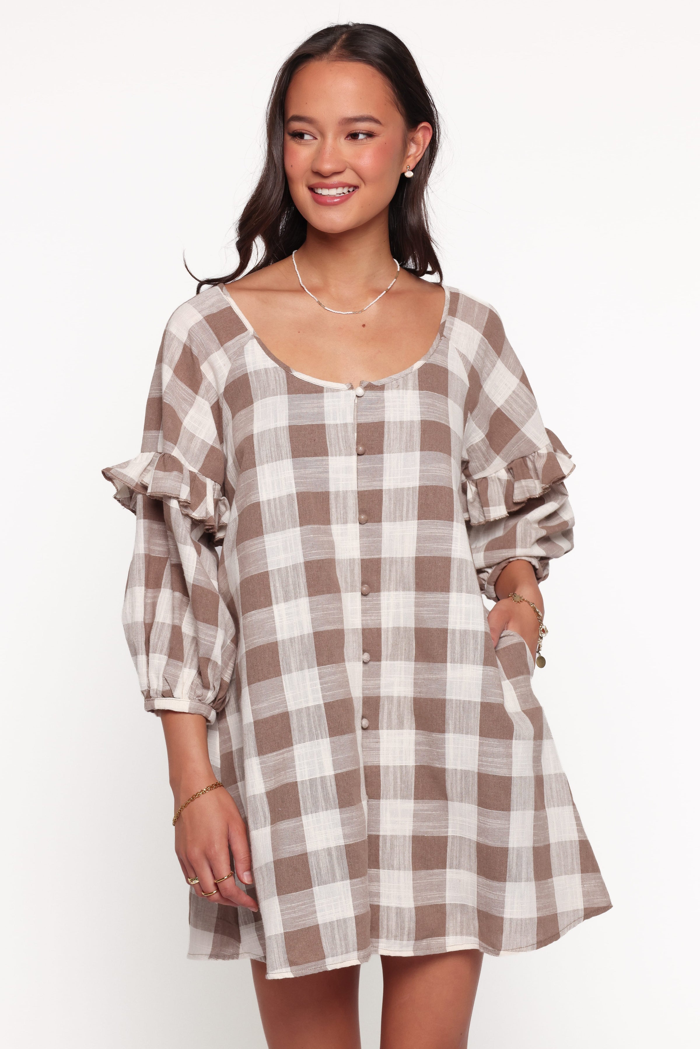 DRESSES Shiloh Long Sleeve Mini Dress - Brown Gingham