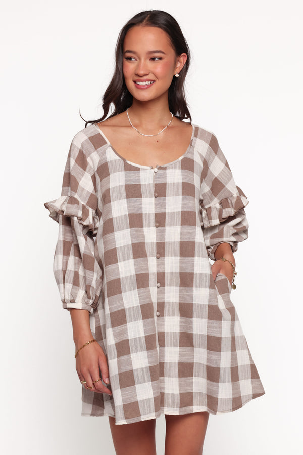 DRESSES Shiloh Long Sleeve Mini Dress - Brown Gingham