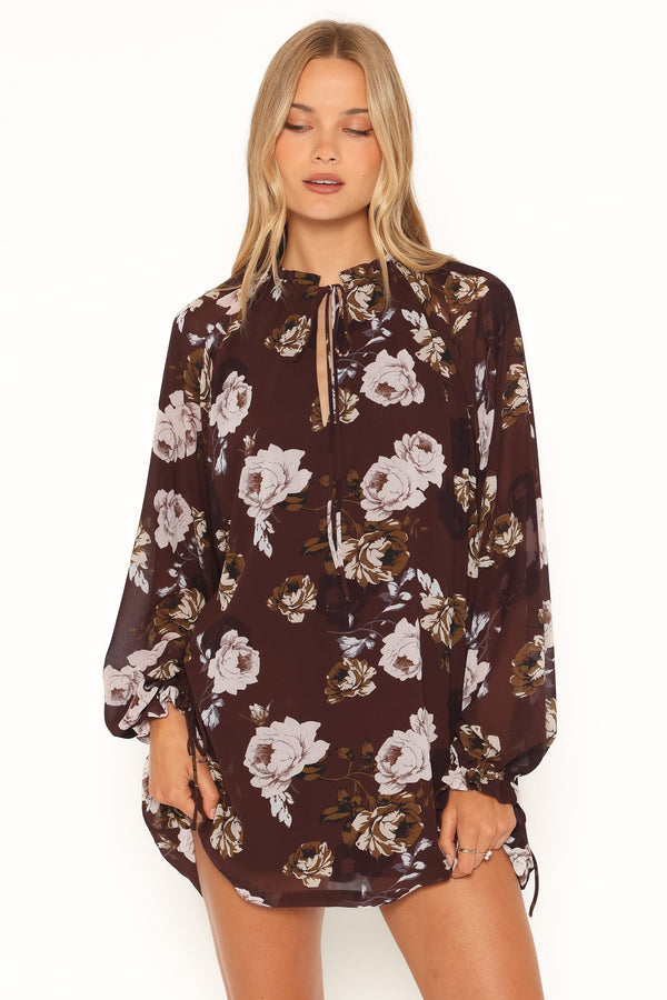 DRESSES Sigrid Tie Cuff Mini Dress - Brown Floral