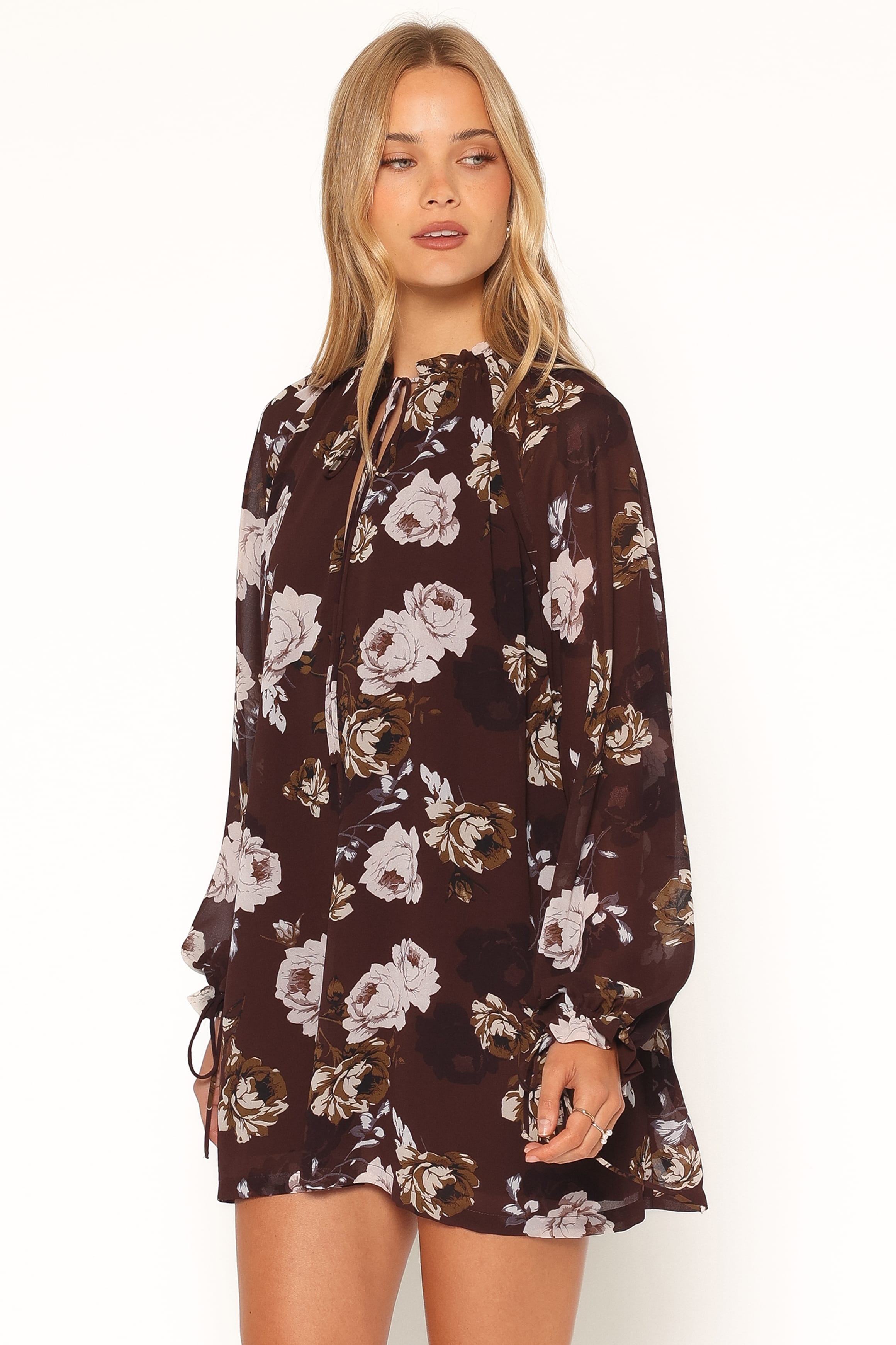 DRESSES Sigrid Tie Cuff Mini Dress - Brown Floral