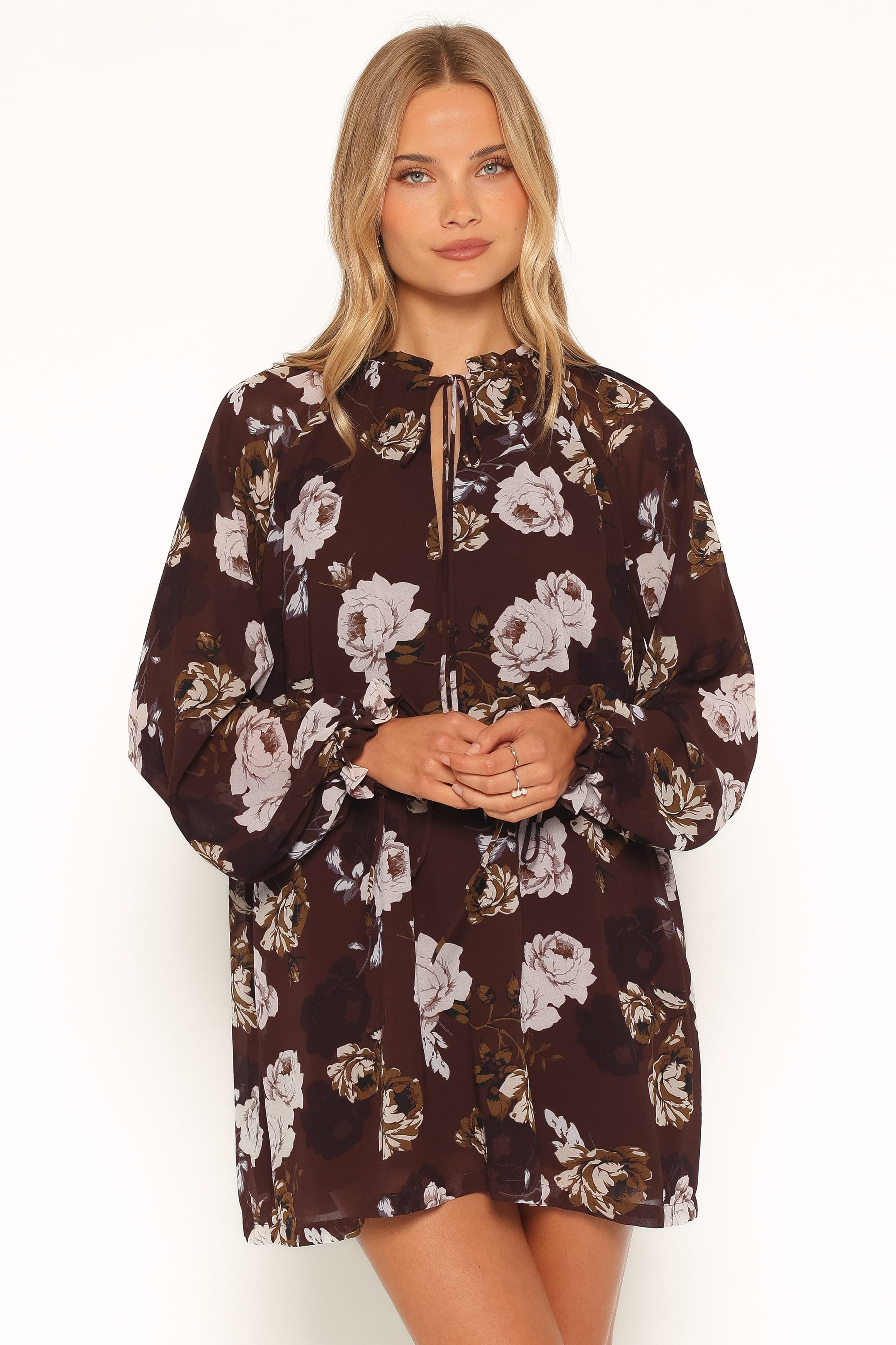 DRESSES Sigrid Tie Cuff Mini Dress - Brown Floral