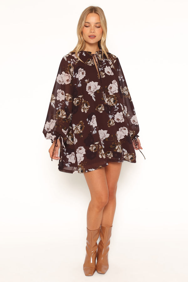 DRESSES Sigrid Tie Cuff Mini Dress - Brown Floral