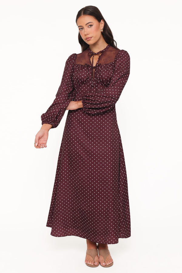 DRESSES Tillie Long Sleeve Maxi Dress - Burgundy Polka Dot