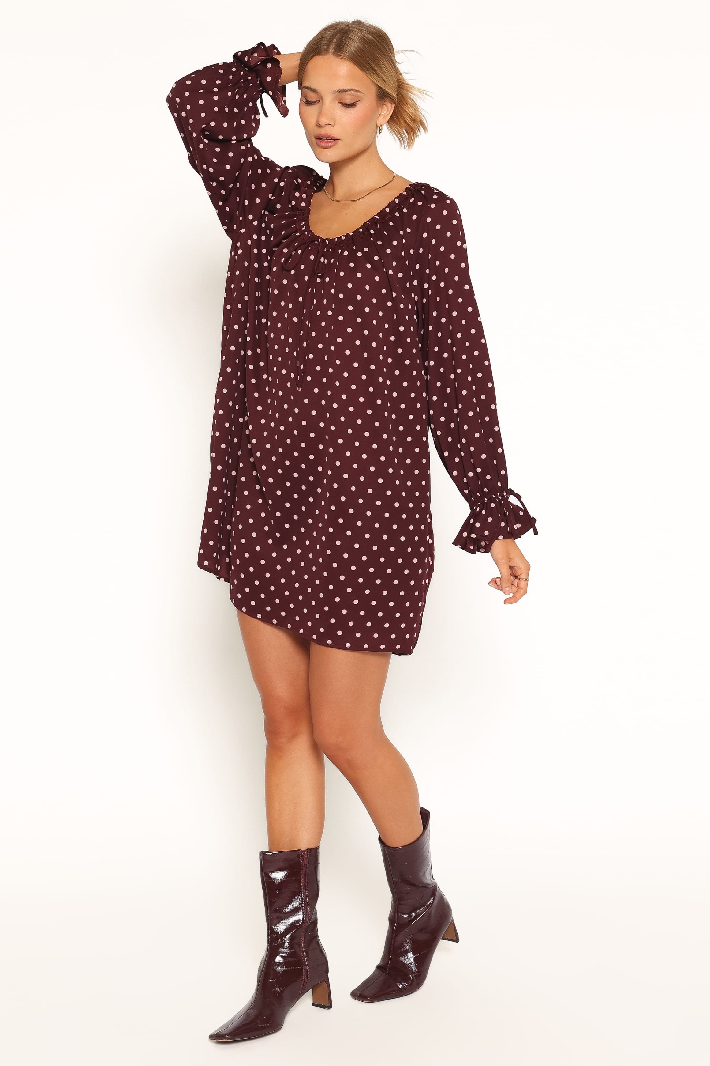 DRESSES Wendy Mini Dress - Burgundy/Pink Polka Dot