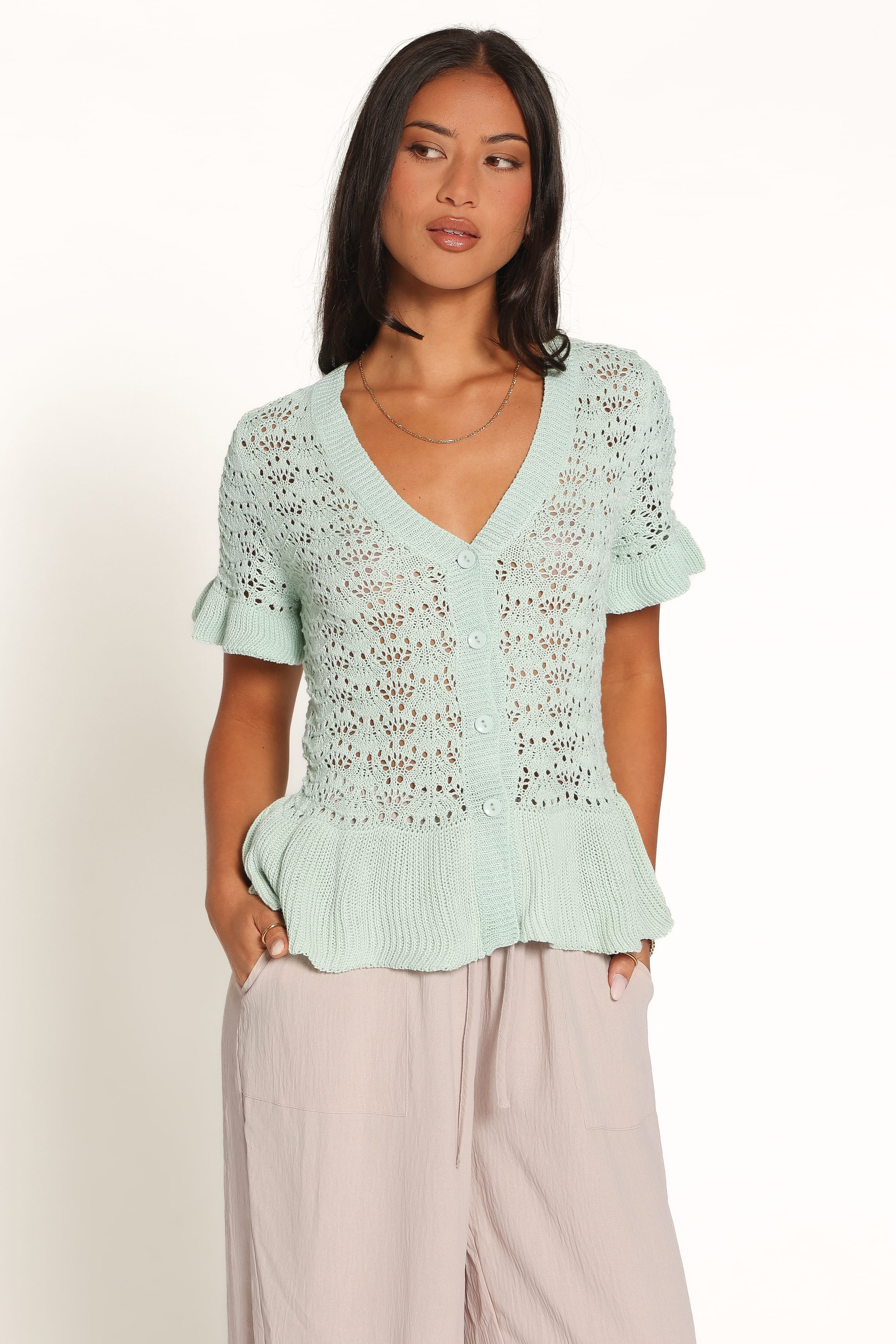 KNITWEAR Bennie Peplum Cardigan Top - Green