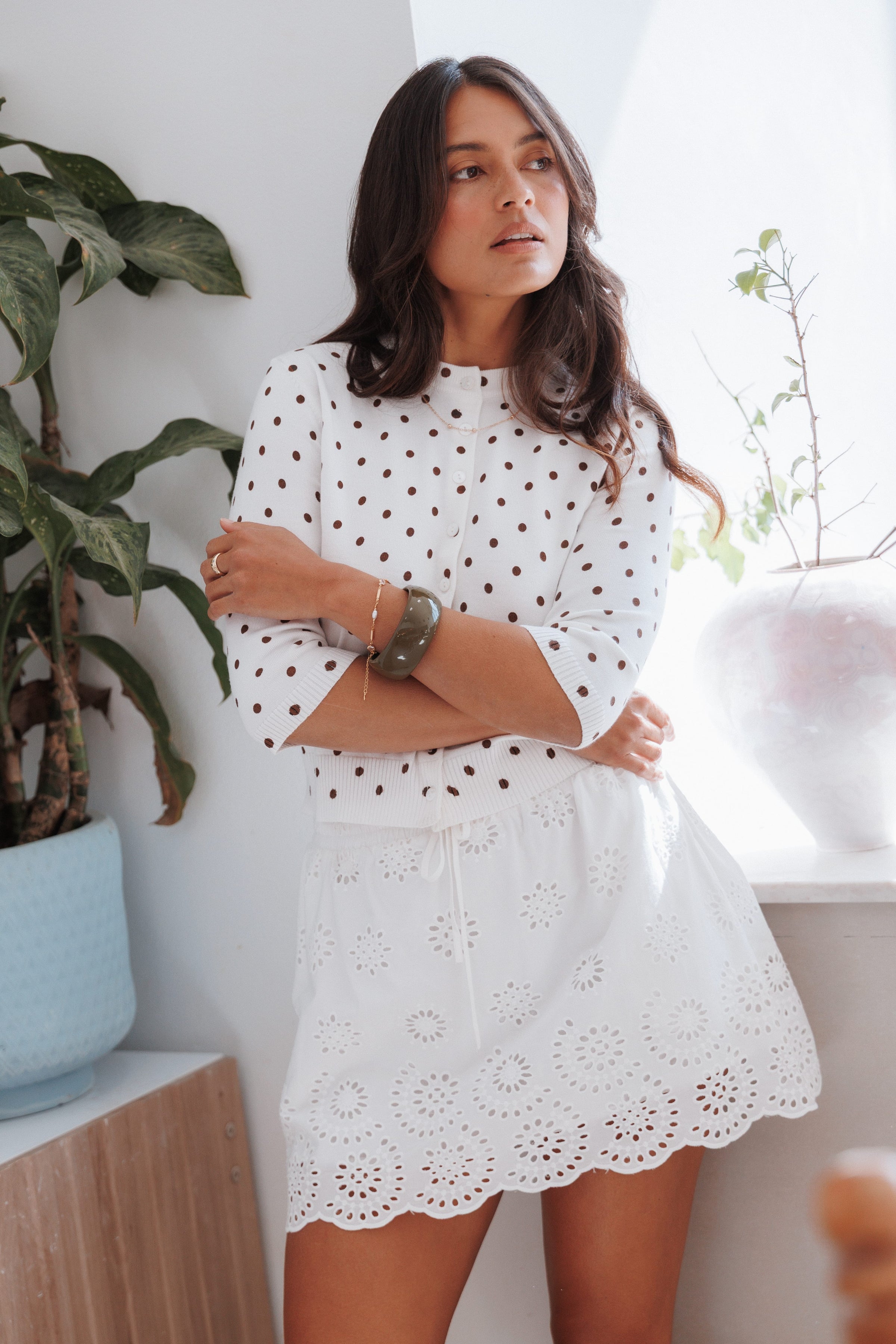 KNITWEAR Benson 3/4 Sleeve Cardigan - White Polka Dot