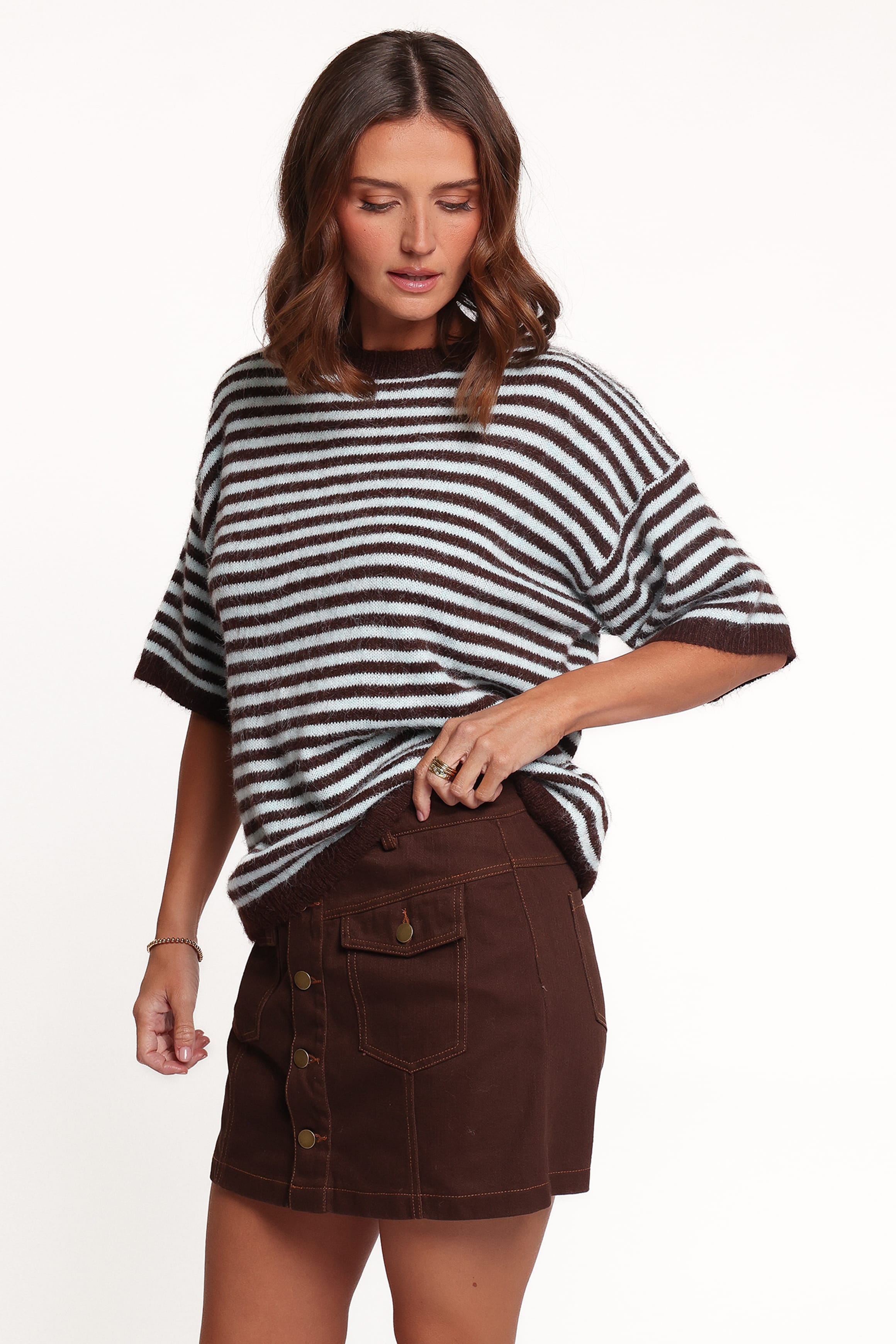 KNITWEAR Cordelia Short Sleeve Sweater - Chocolate Stripe