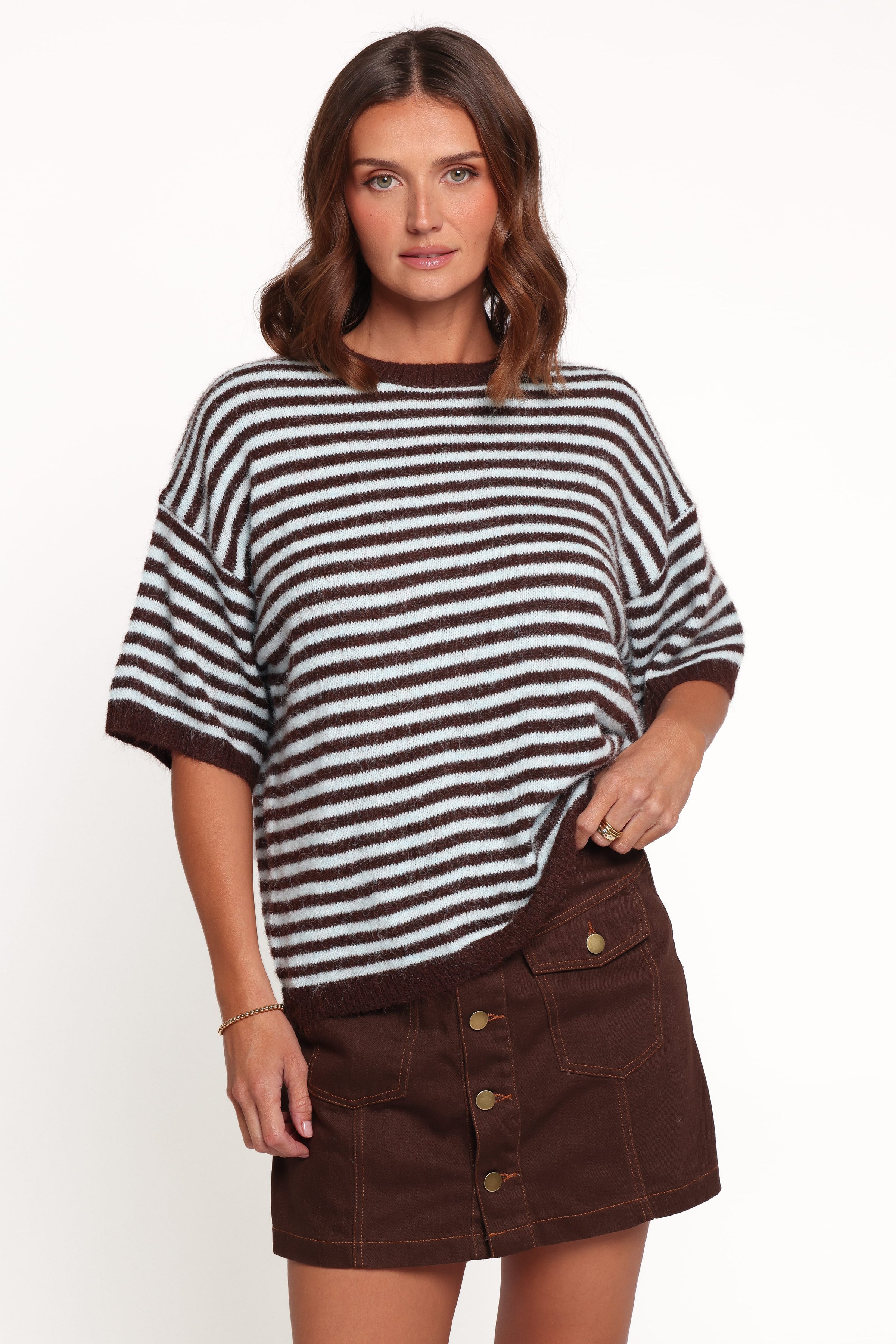KNITWEAR Cordelia Short Sleeve Sweater - Chocolate Stripe
