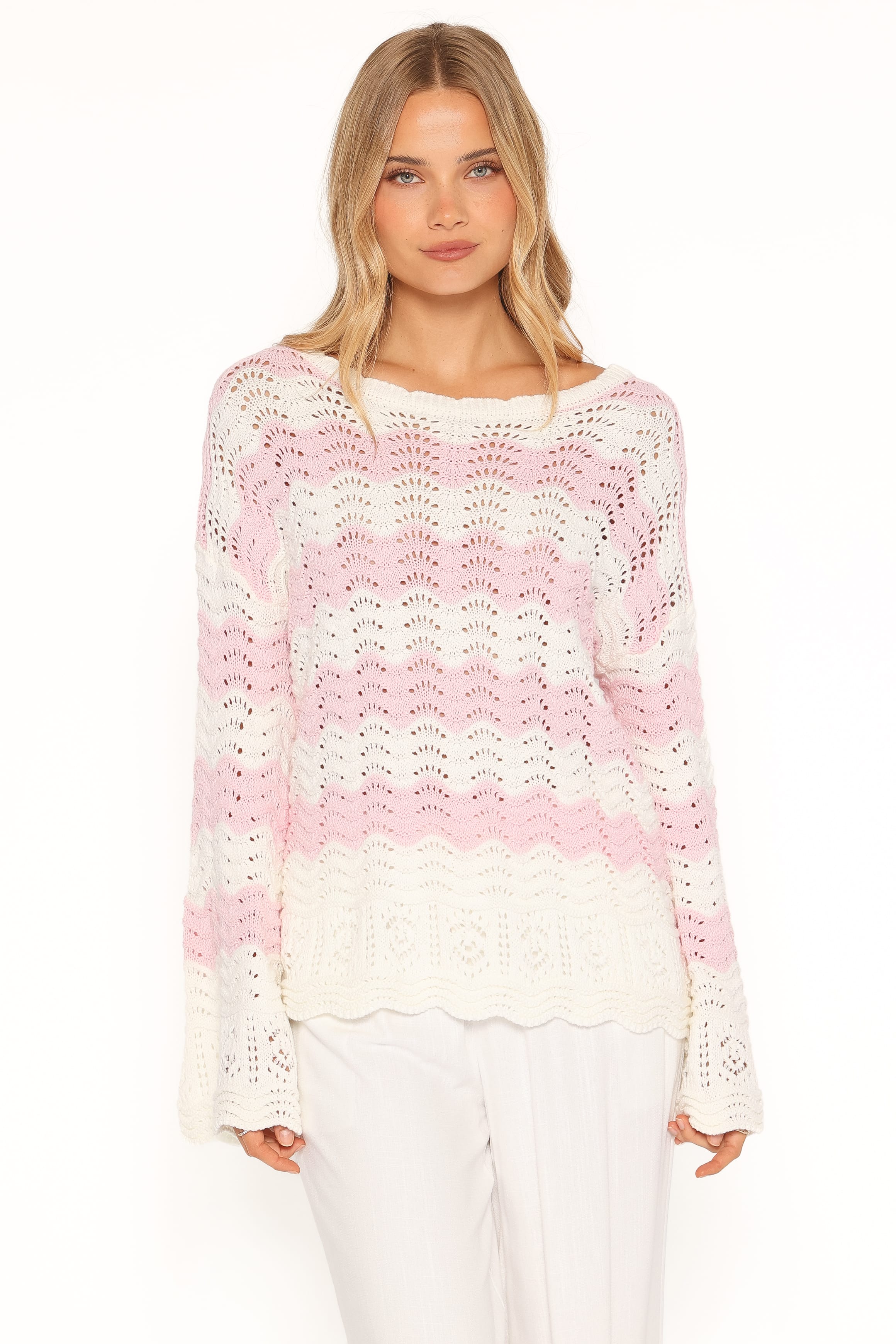 KNITWEAR Corinna Pointelle Stitch Sweater - Pink White