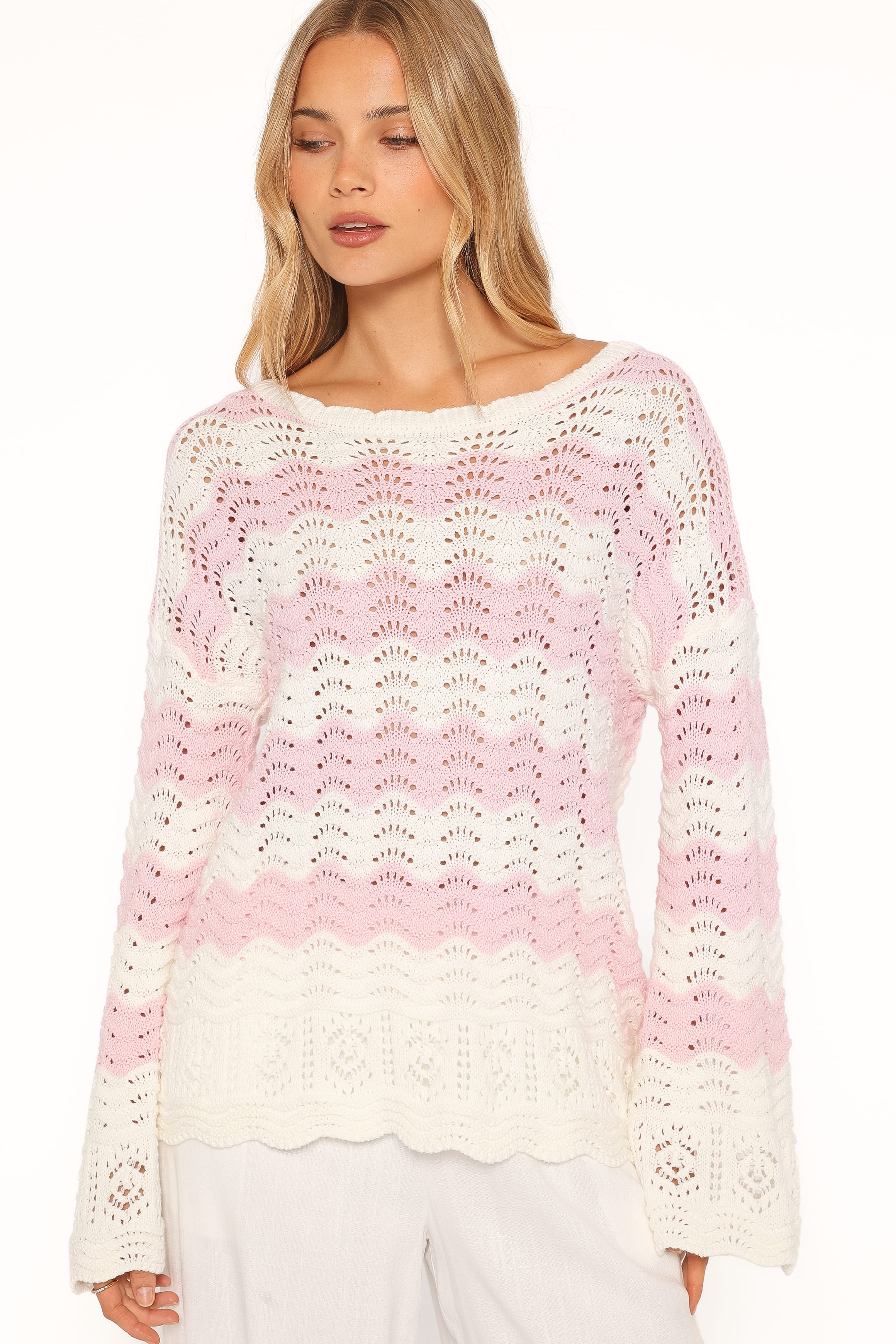 KNITWEAR Corinna Pointelle Stitch Sweater - Pink White