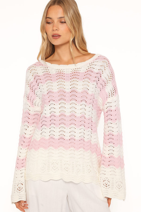KNITWEAR Corinna Pointelle Stitch Sweater - Pink White
