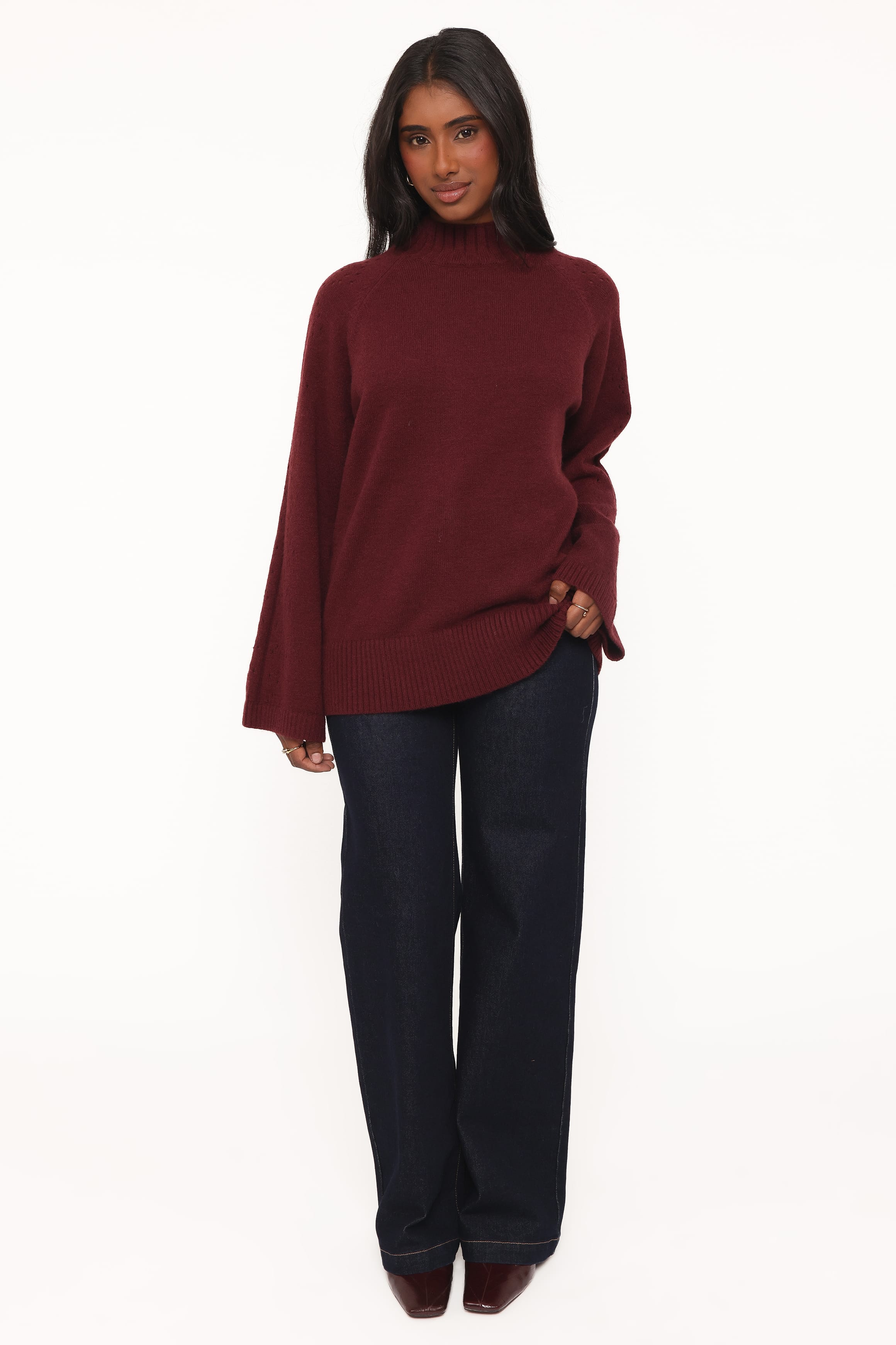 KNITWEAR Gillian Pointelle Oversized Sweater - Burgundy
