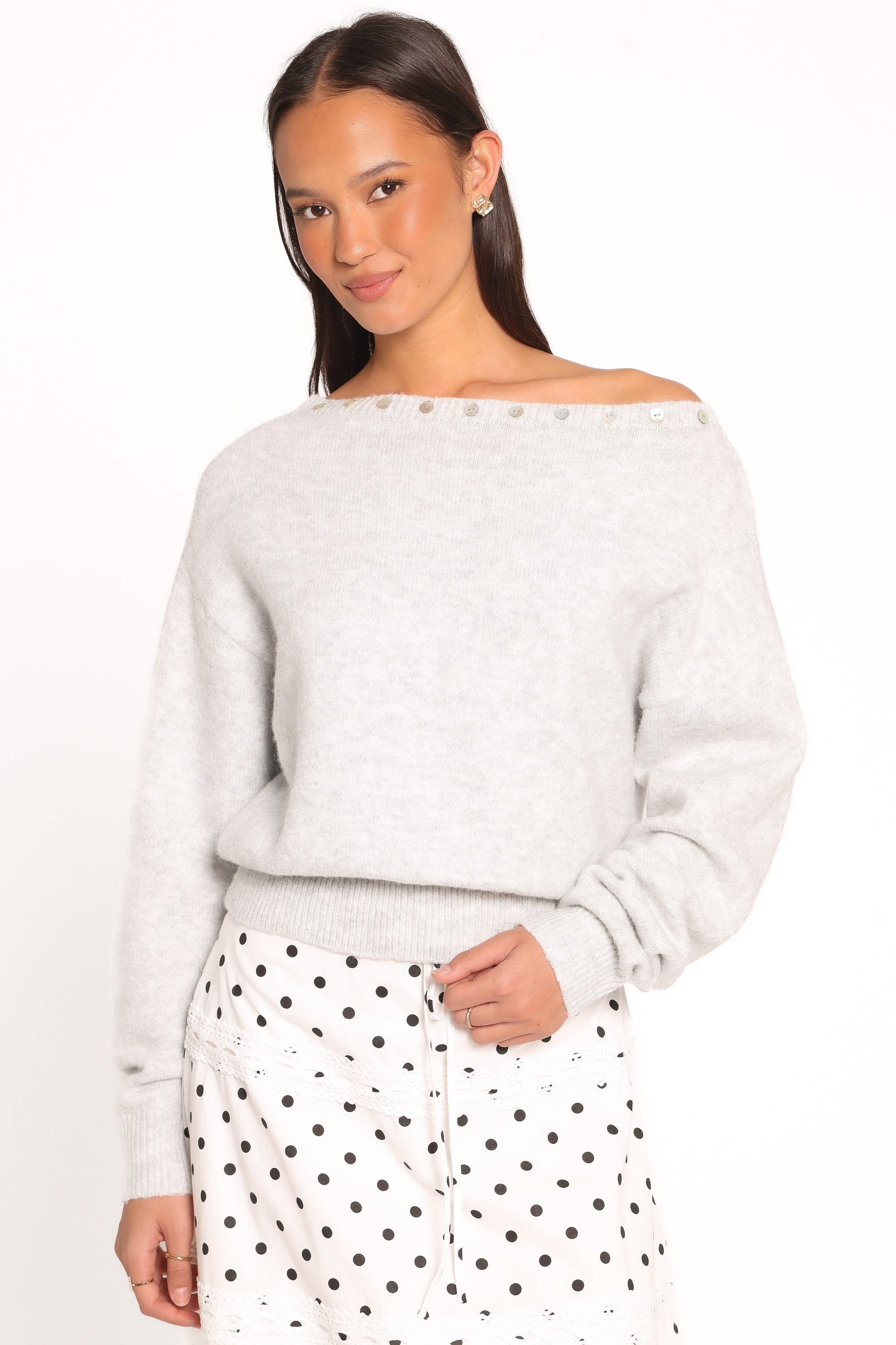 KNITWEAR Justin Off Shoulder Sweater - Light Grey