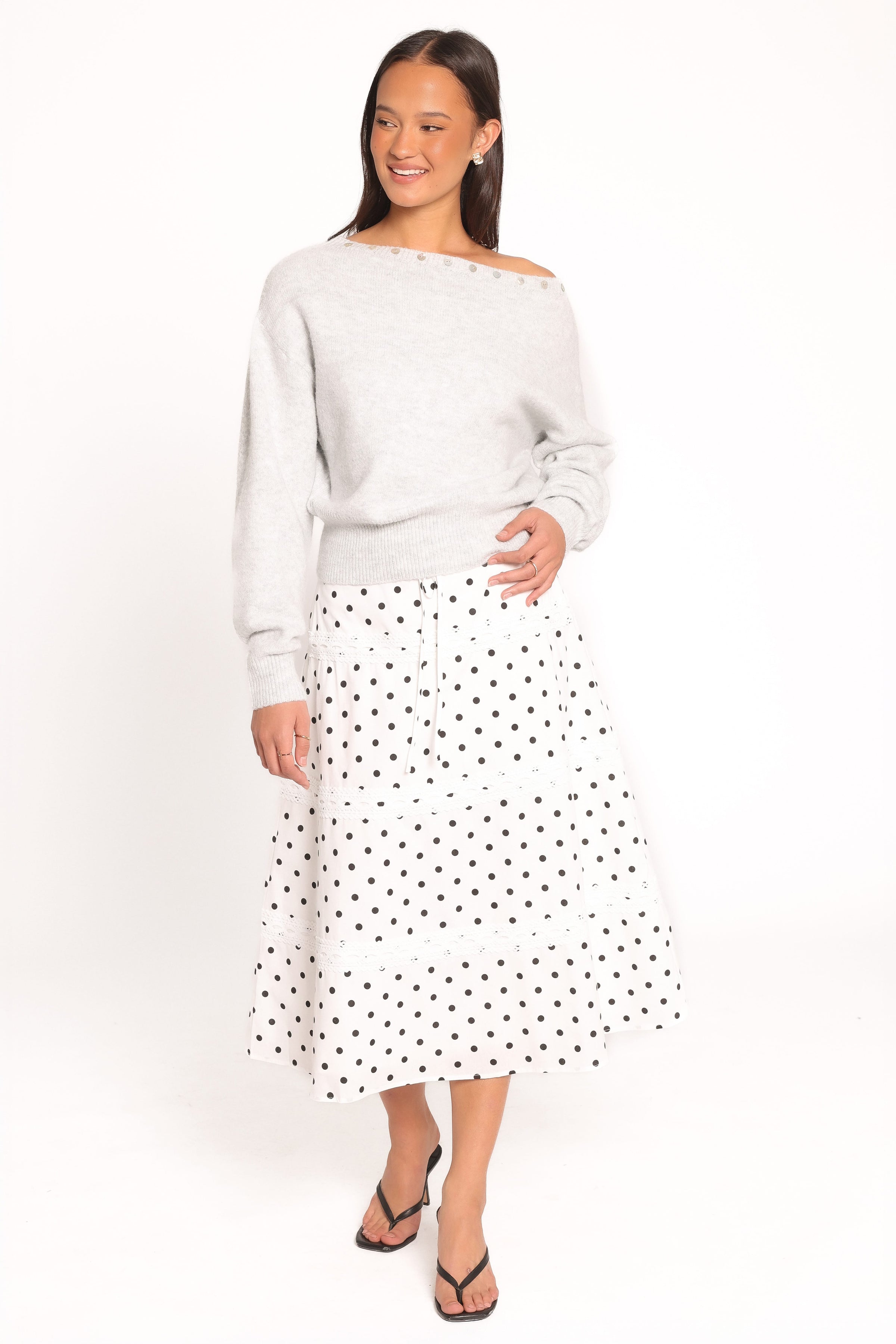 KNITWEAR Justin Off Shoulder Sweater - Light Grey