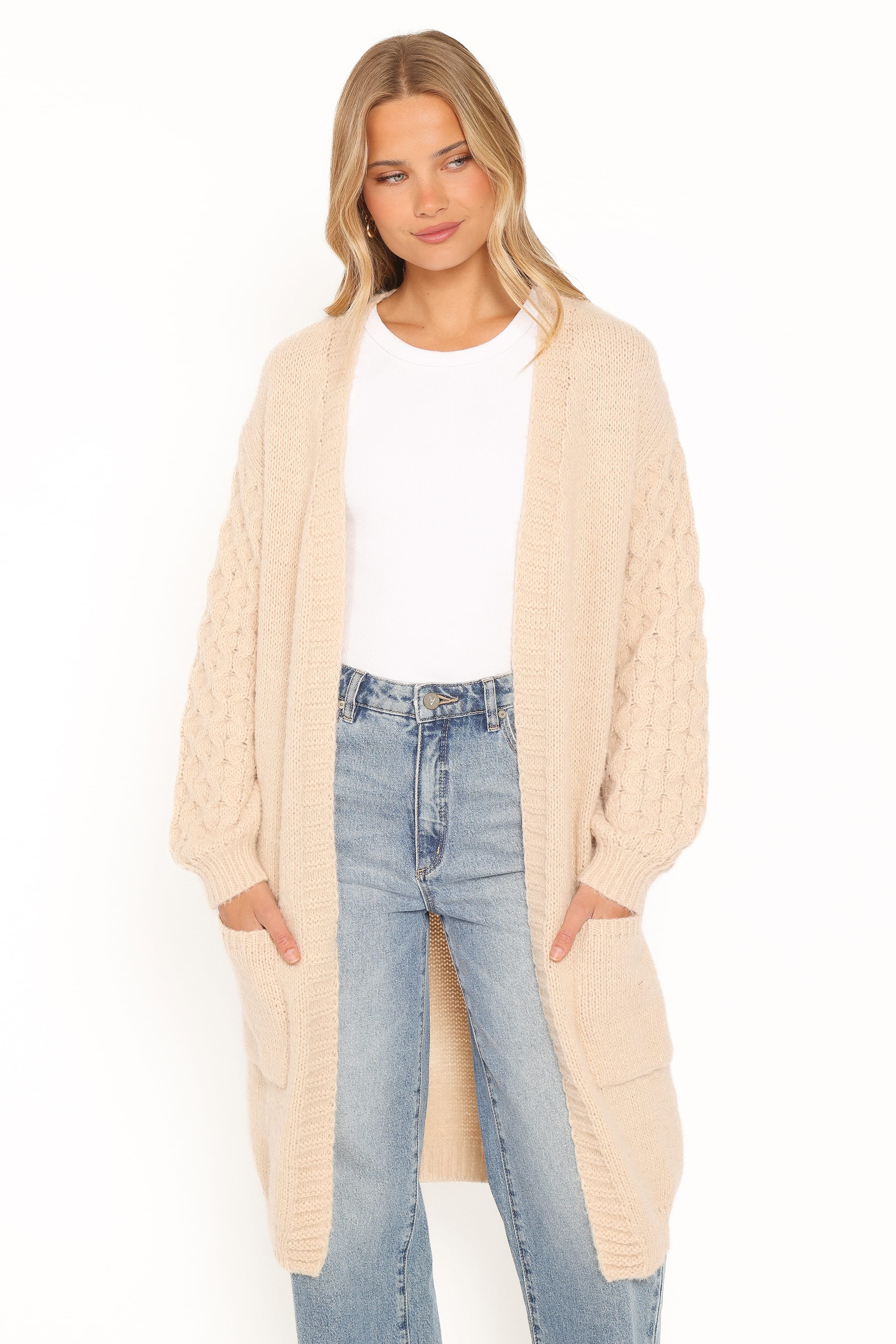 KNITWEAR Tirsa Textured Open Cardigan - Beige