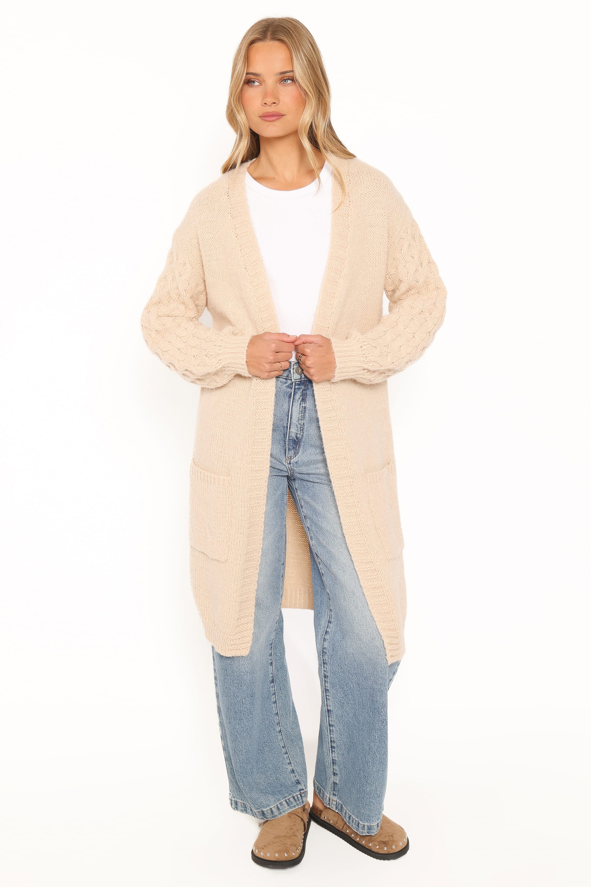 KNITWEAR Tirsa Textured Open Cardigan - Beige