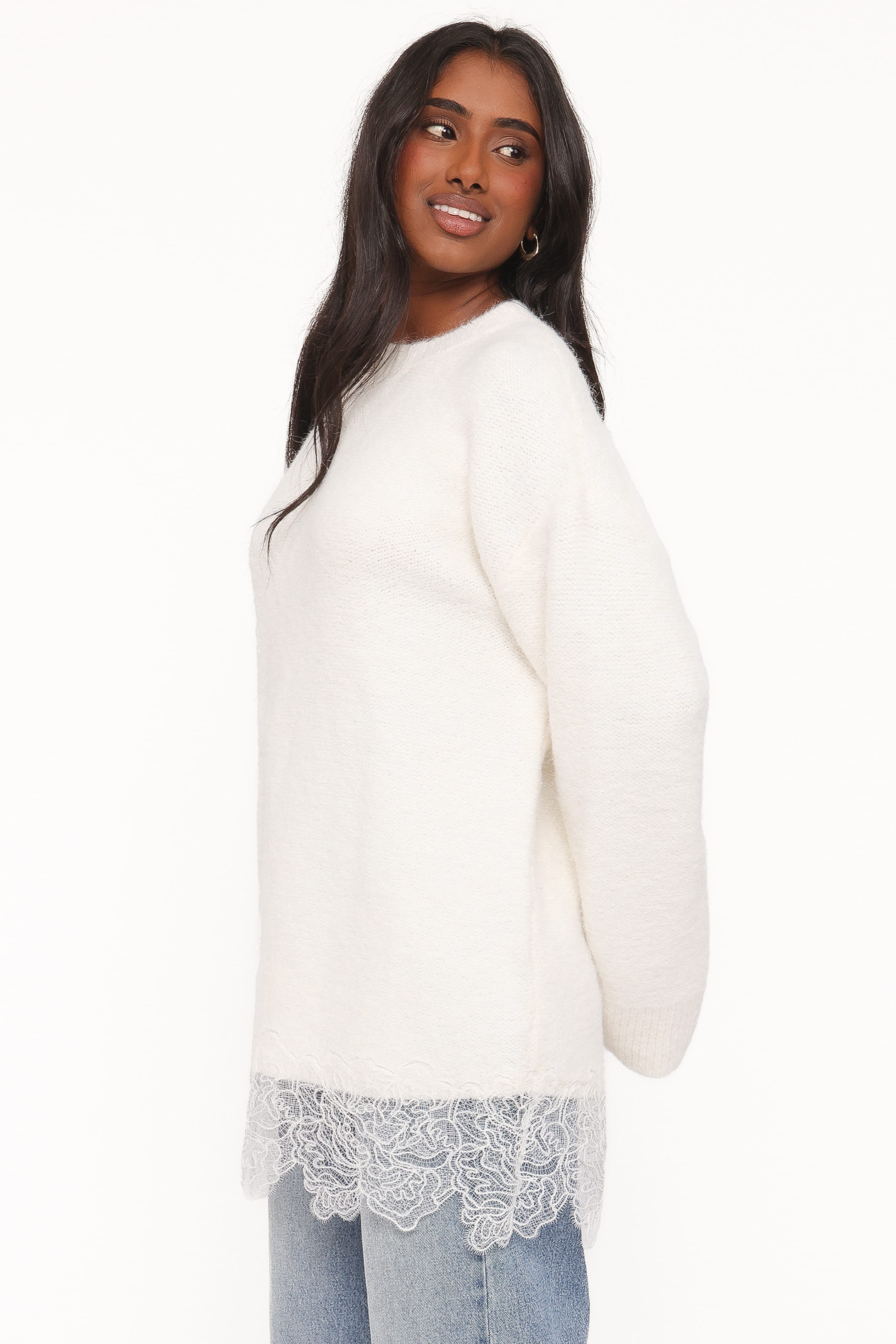 KNITWEAR Zela Lace Trimmed Fluffy Jumper - Cream