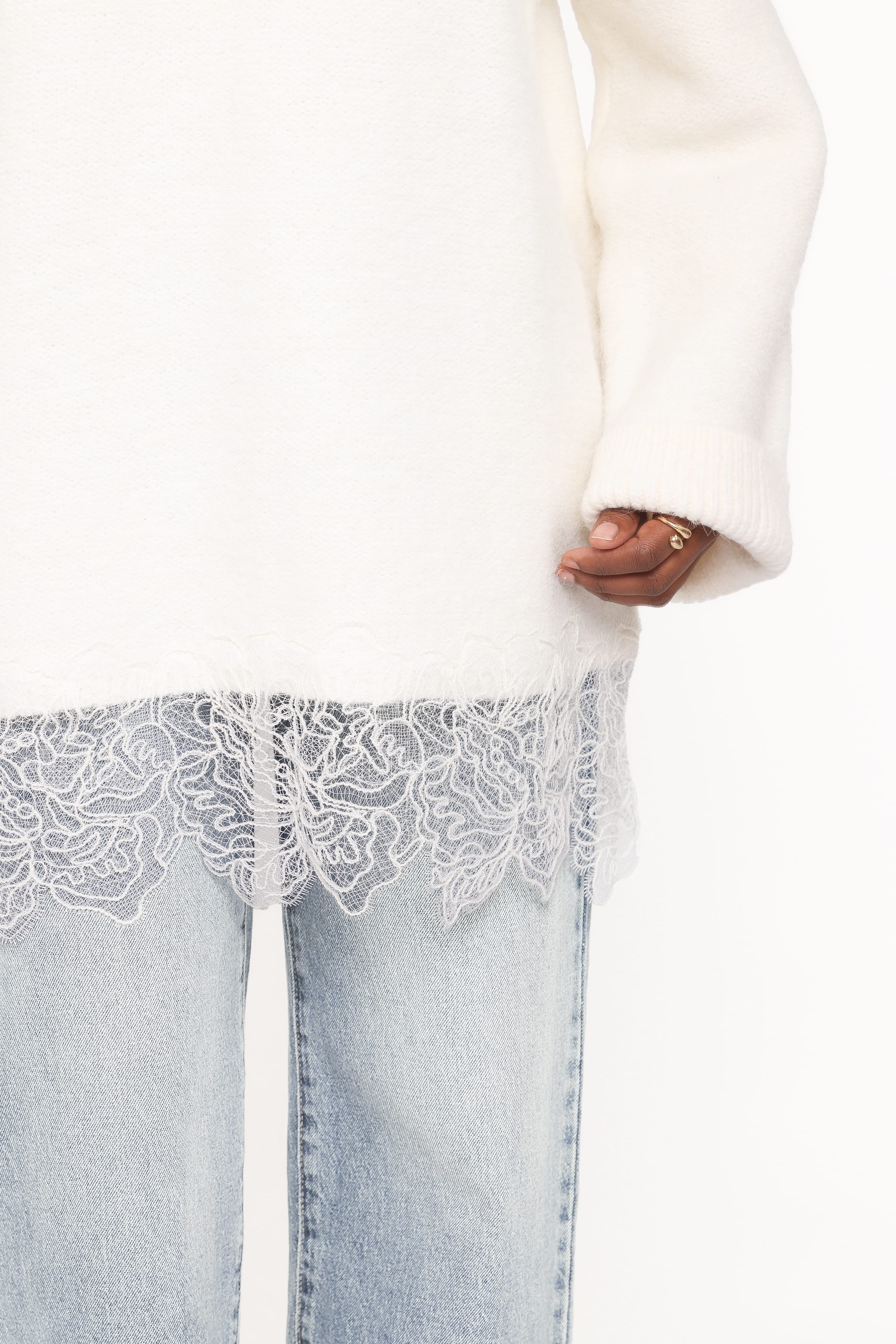 KNITWEAR Zela Lace Trimmed Fluffy Jumper - Cream