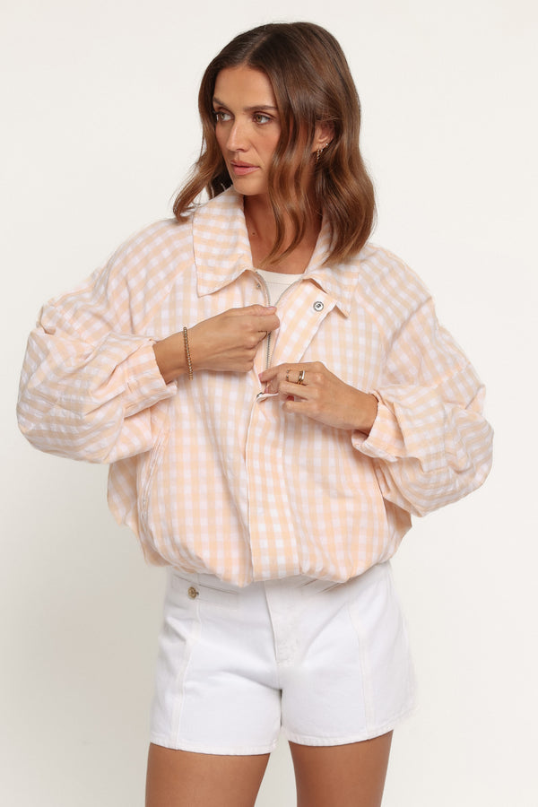 OUTERWEAR Bevin Lightweight Bomber Jacket - Peach Gingham