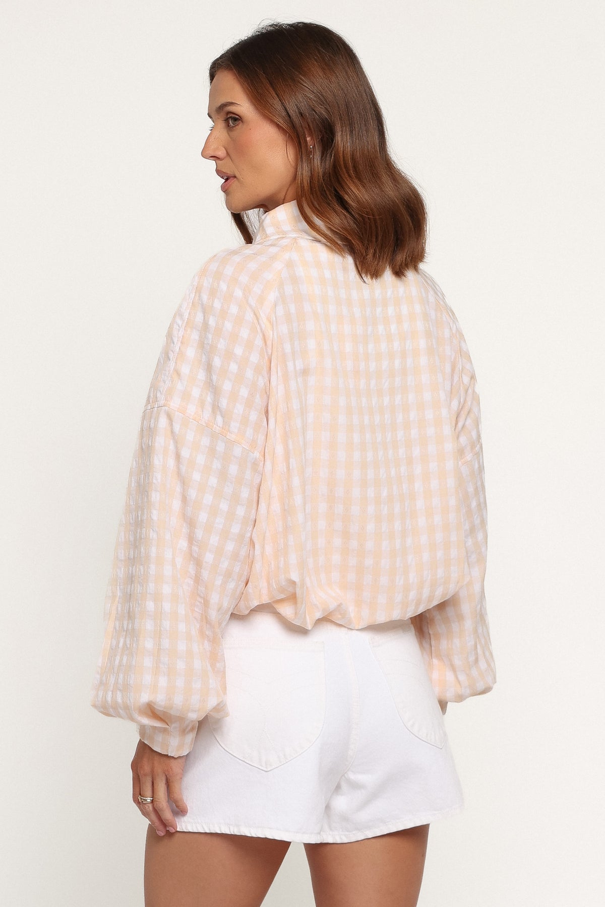 OUTERWEAR Bevin Lightweight Bomber Jacket - Peach Gingham
