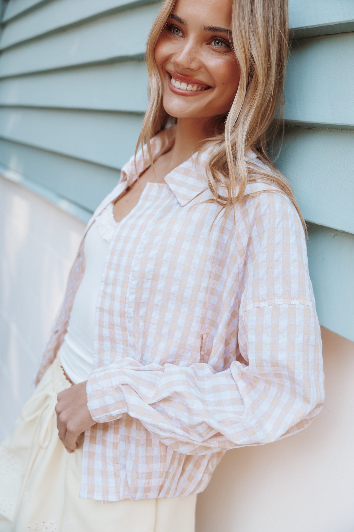 OUTERWEAR Bevin Lightweight Bomber Jacket - Peach Gingham