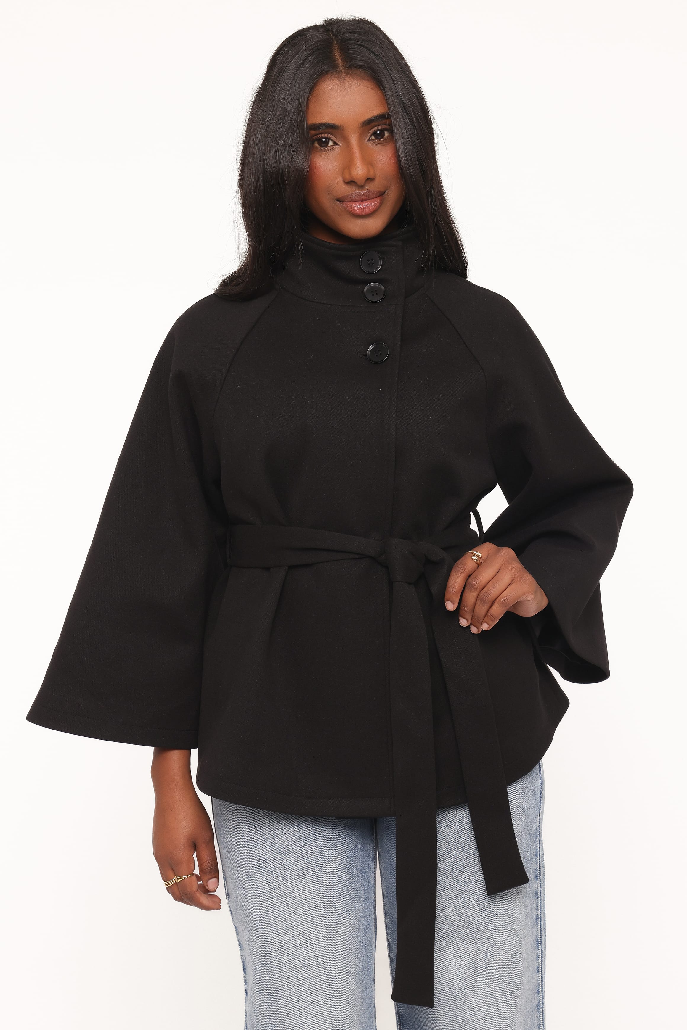 OUTERWEAR Caspian Funnel Neck Car Coat - Black