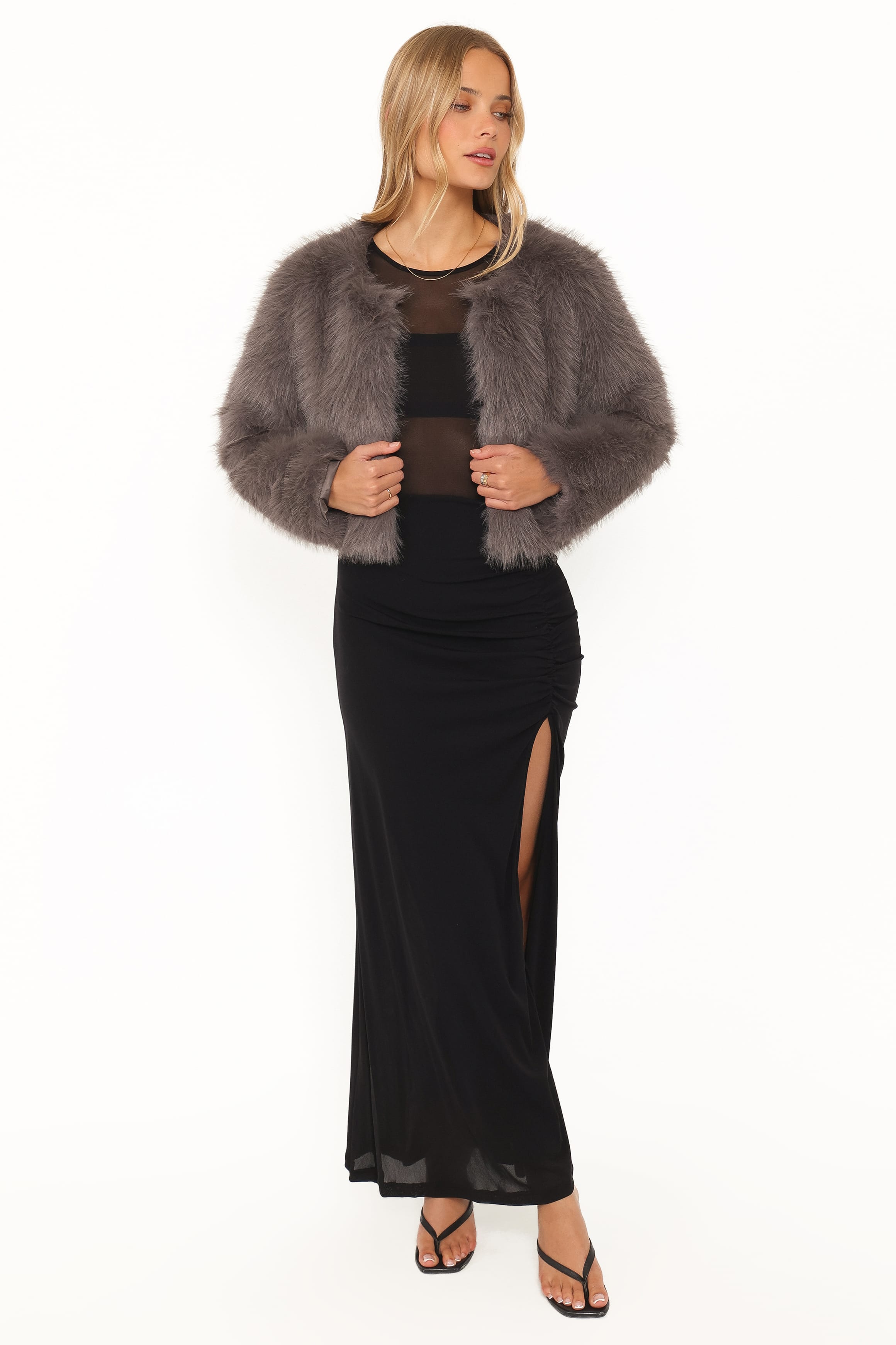 OUTERWEAR Connie Faux Fur Cropped Jacket - Gunmetal Grey