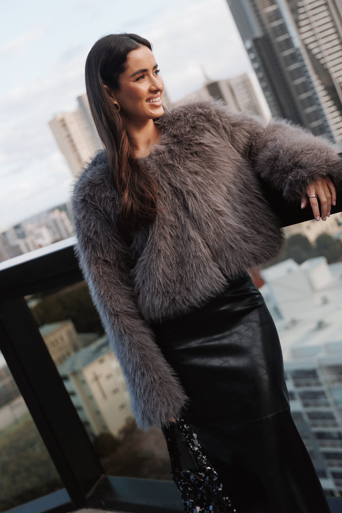 OUTERWEAR Connie Faux Fur Cropped Jacket - Gunmetal Grey