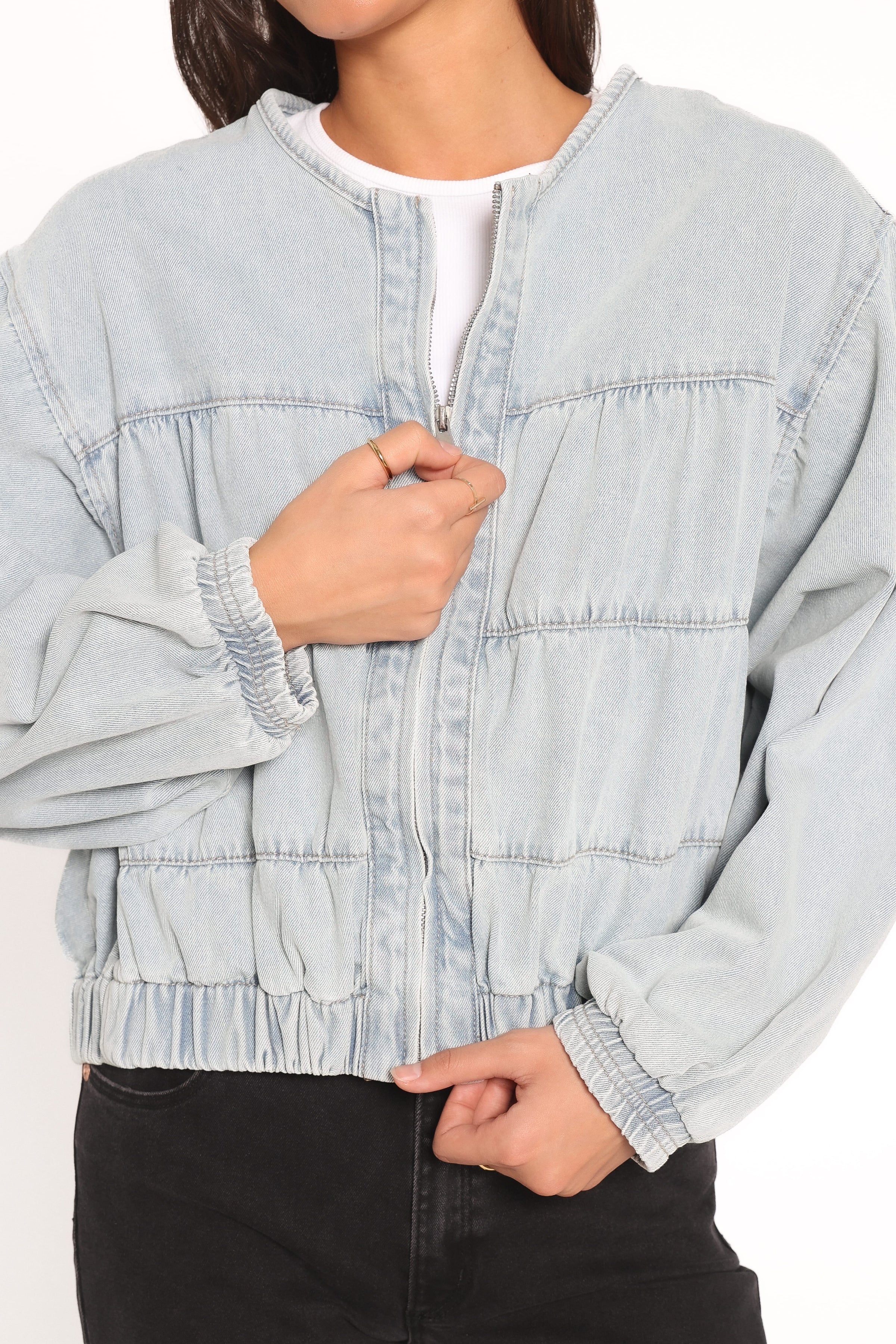 OUTERWEAR Gretal Denim Bomber Jacket - Light Blue Wash