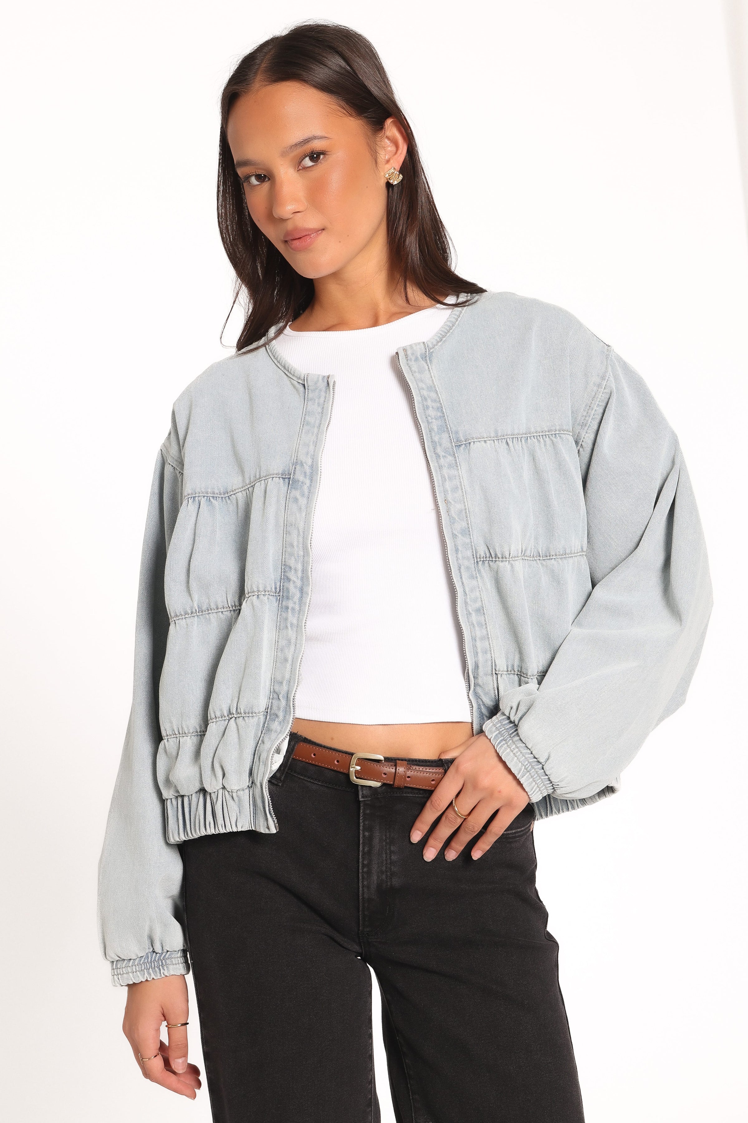 OUTERWEAR Gretal Denim Bomber Jacket - Light Blue Wash