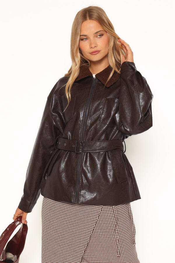 OUTERWEAR Hedley Belted Jacket - Chocolate Brown Vegan Leather
