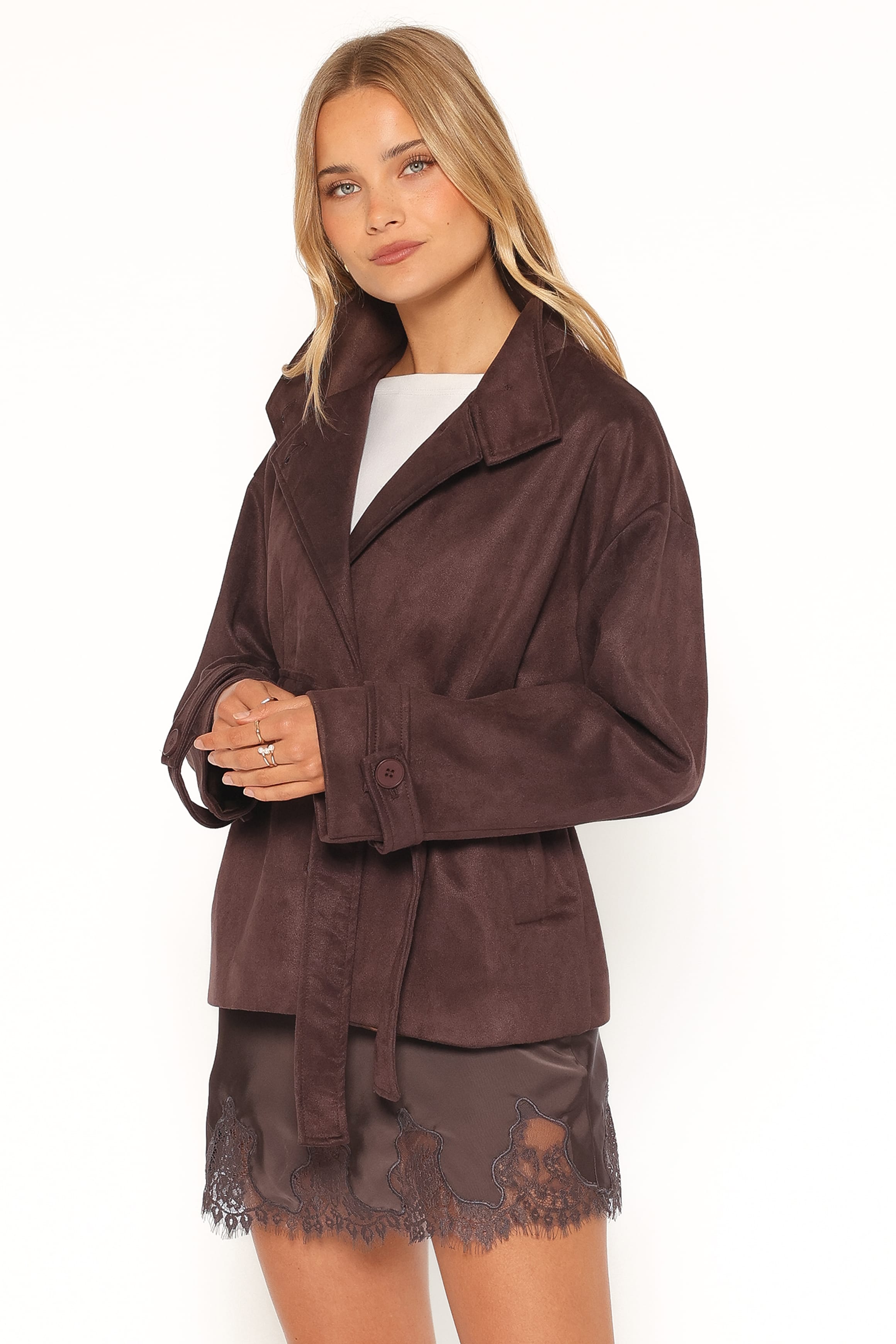 OUTERWEAR Kahlia Funnel Neck Jacket - Espresso Suede