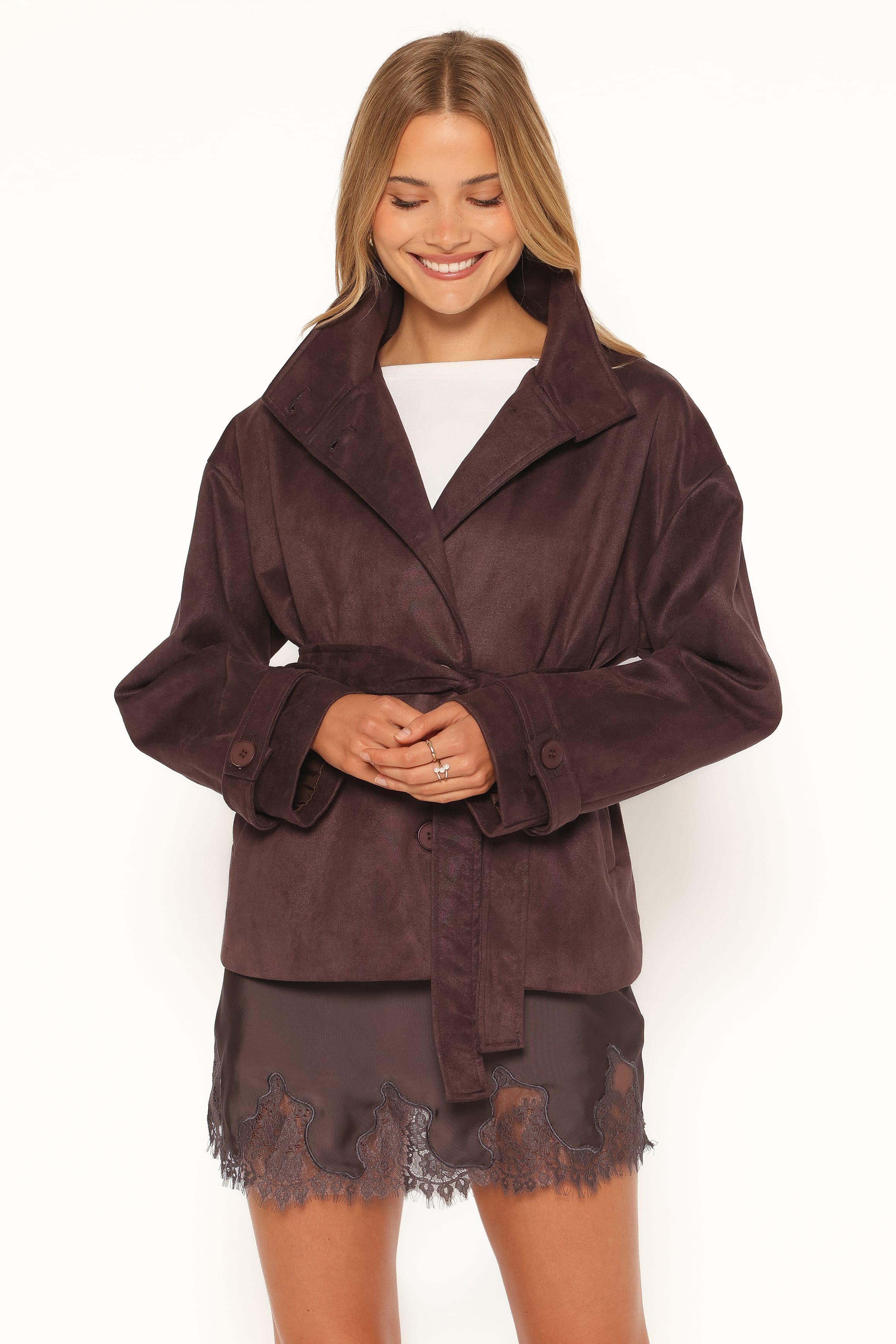 OUTERWEAR Kahlia Funnel Neck Jacket - Espresso Suede