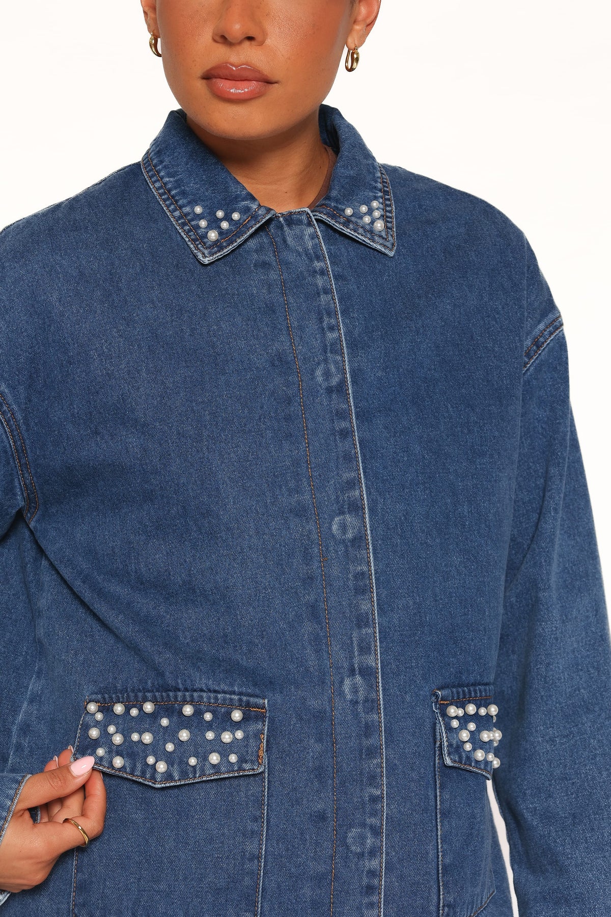 OUTERWEAR Mandie Pearl Trim Denim Shacket - Indigo