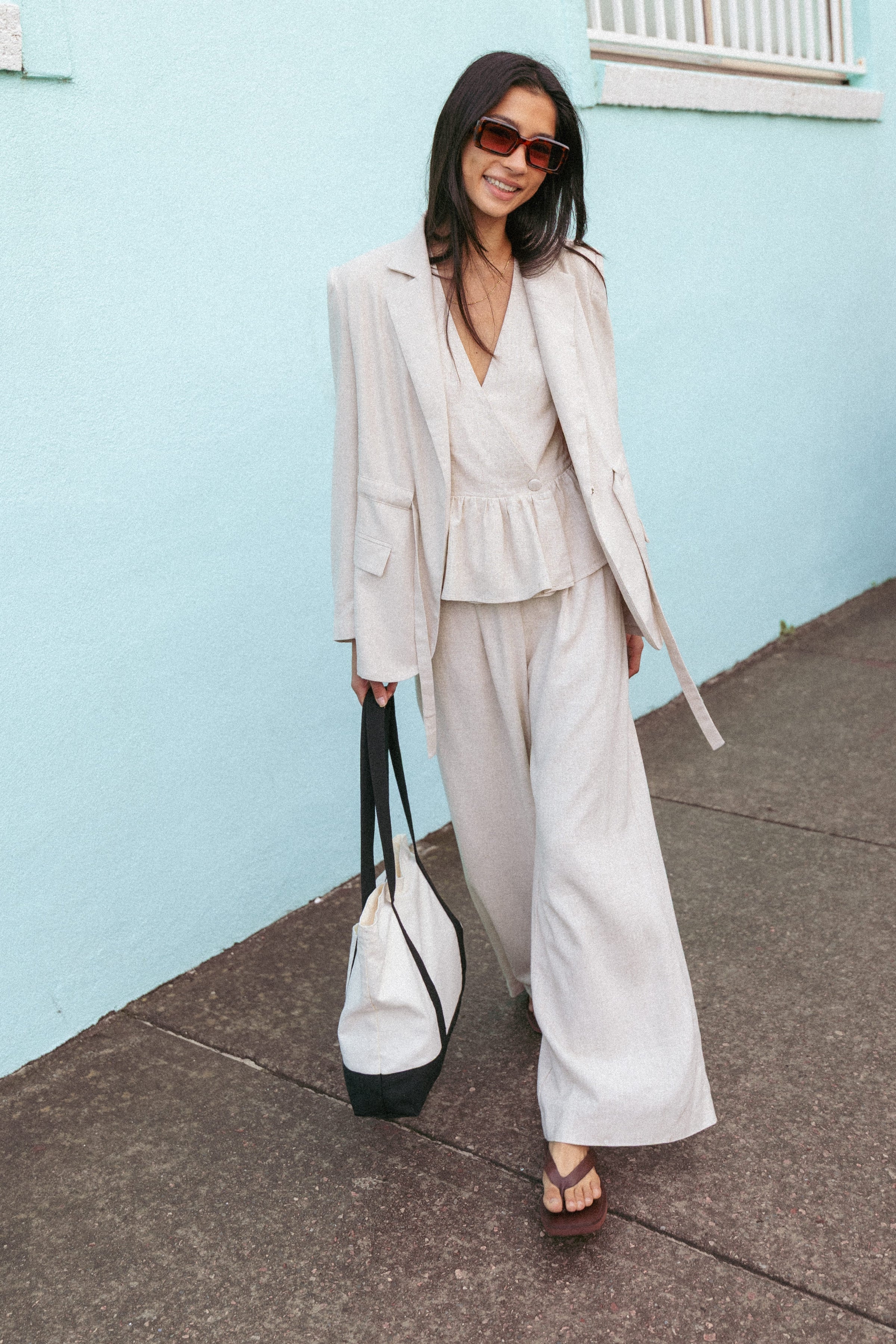 OUTERWEAR Merla Drawcord Waist Fitted Blazer - Oatmeal