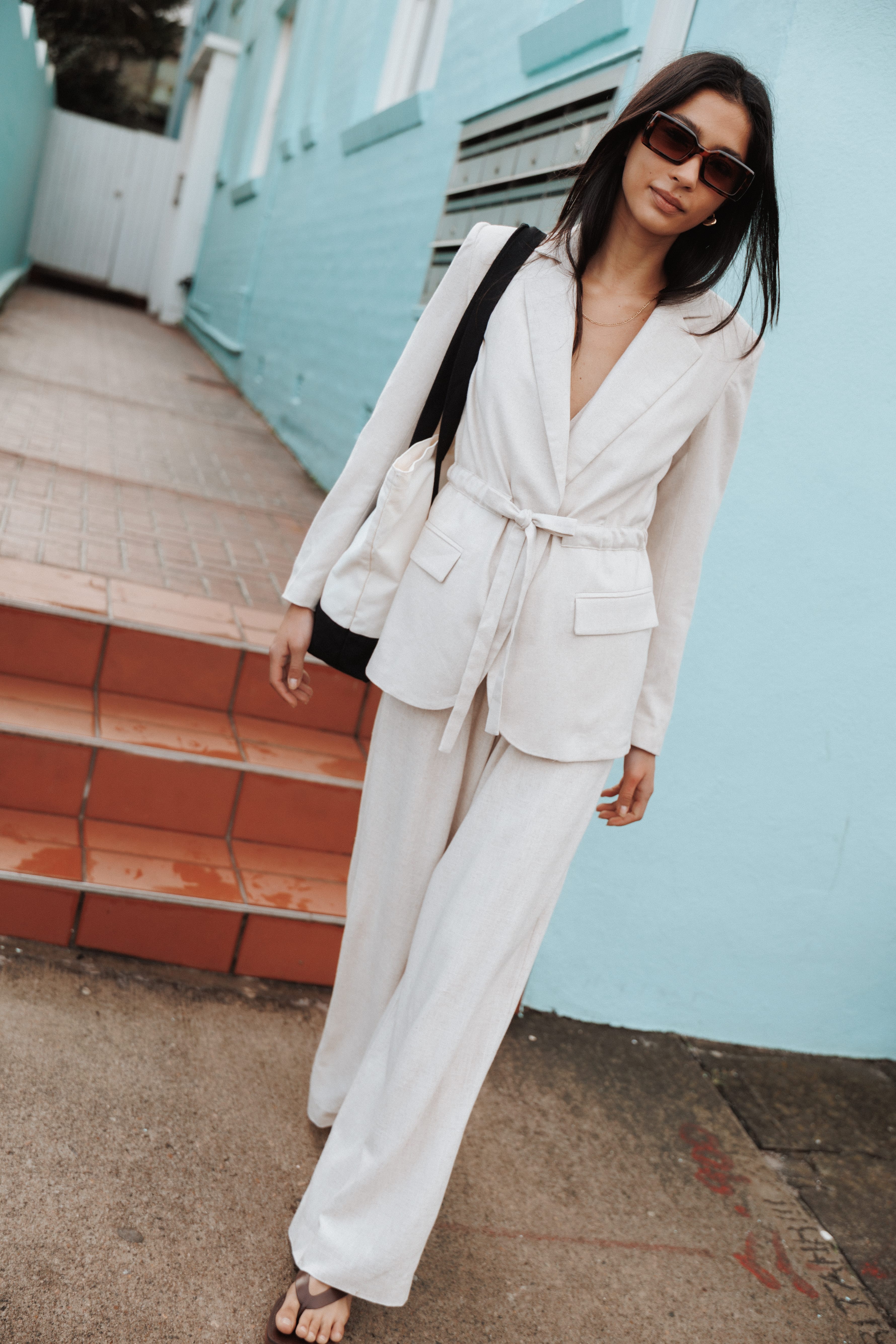 OUTERWEAR Merla Drawcord Waist Fitted Blazer - Oatmeal