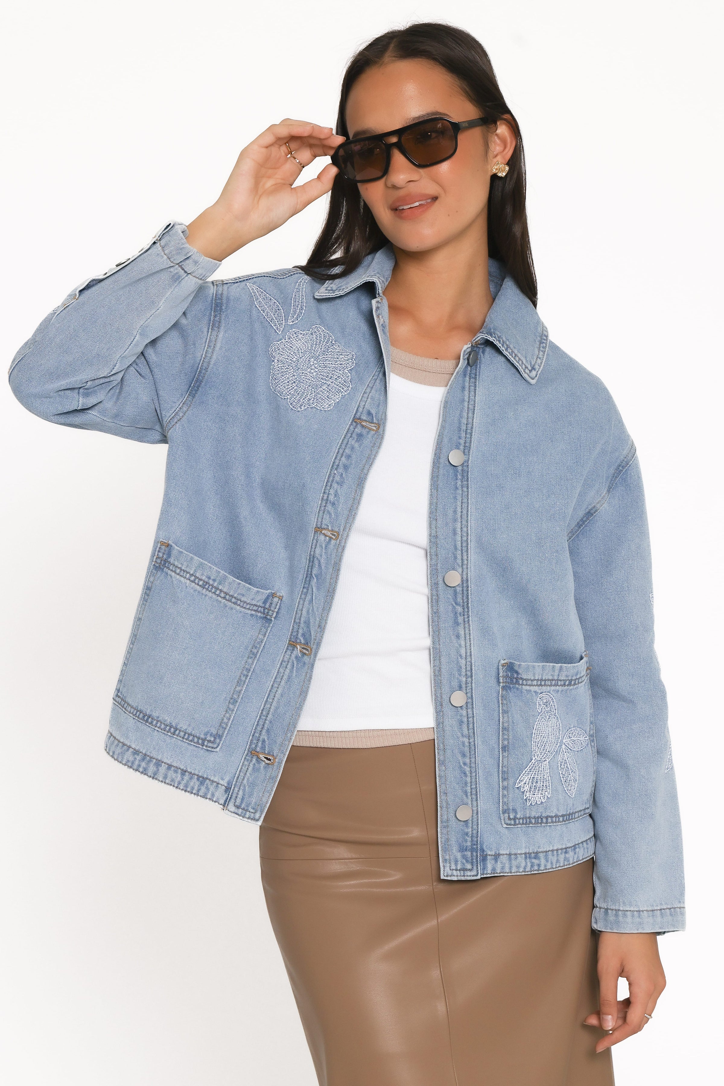 OUTERWEAR Mora Embroidered Denim Shacket - Light Wash