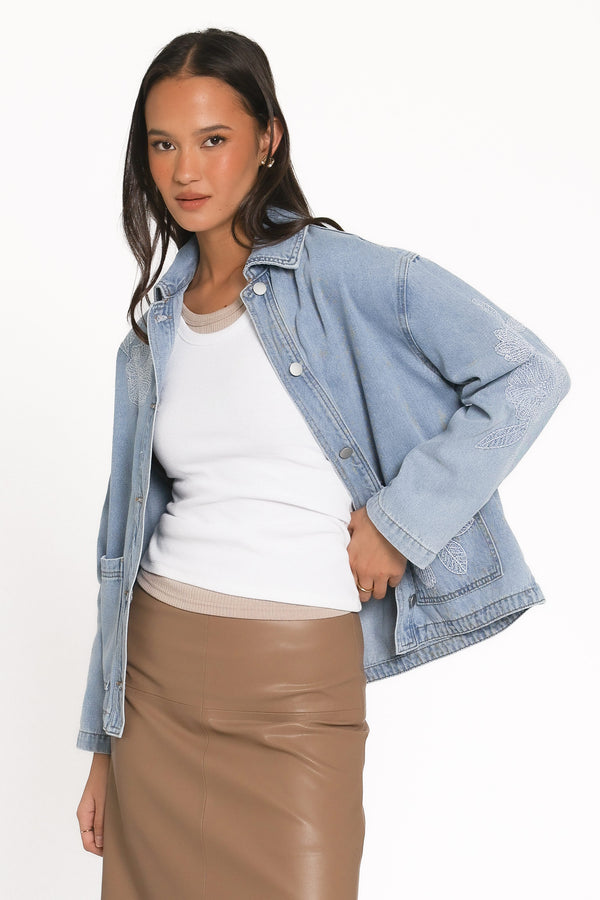 OUTERWEAR Mora Embroidered Denim Shacket - Light Wash
