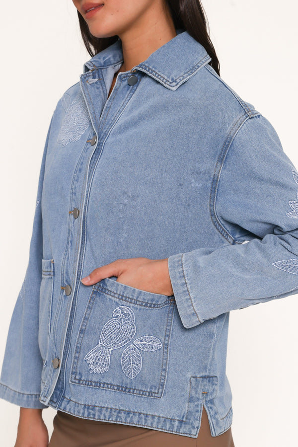 OUTERWEAR Mora Embroidered Denim Shacket - Light Wash