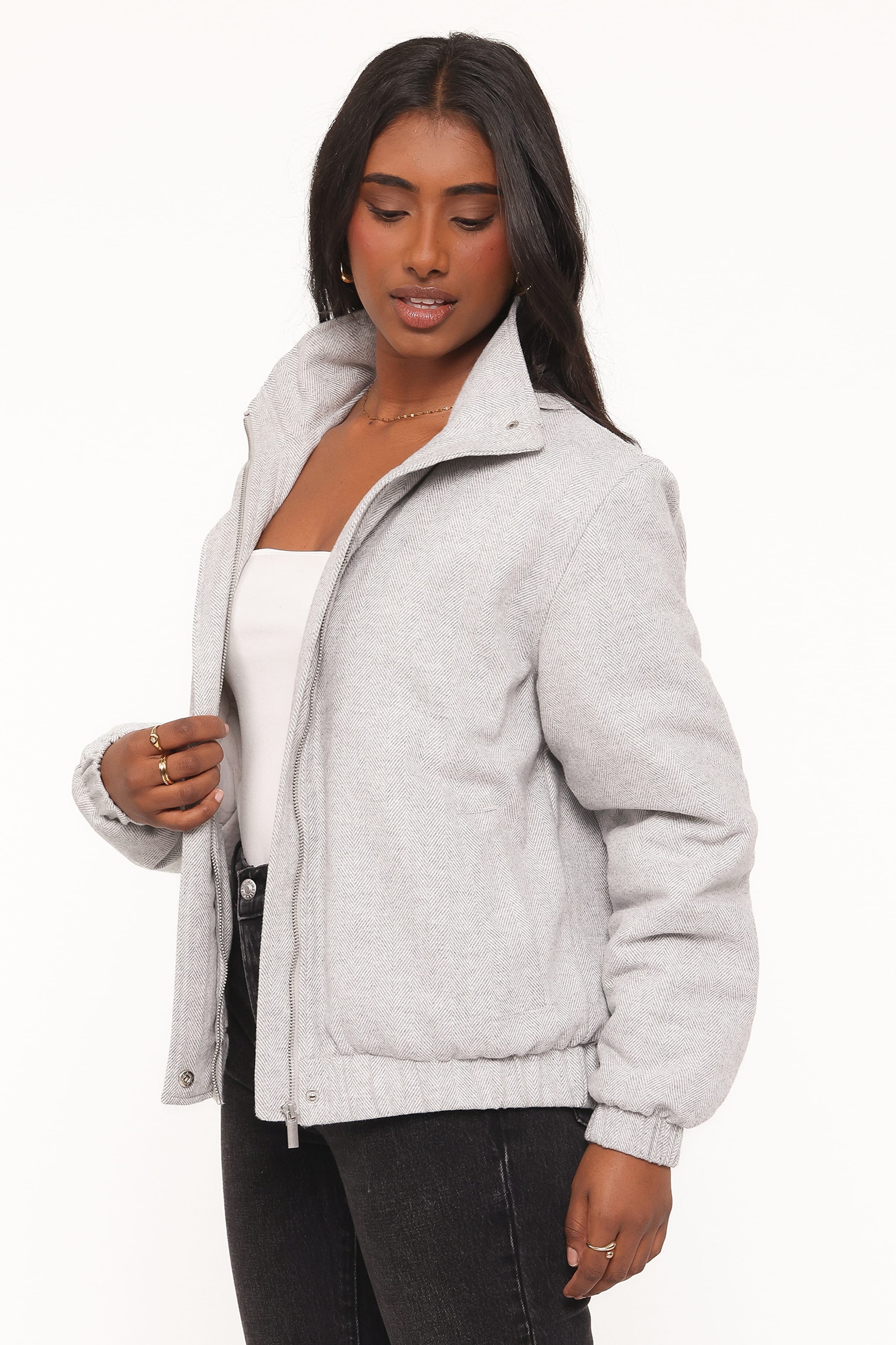 OUTERWEAR Peyton Funnel Neck Bomber Jacket - Grey Herringbone