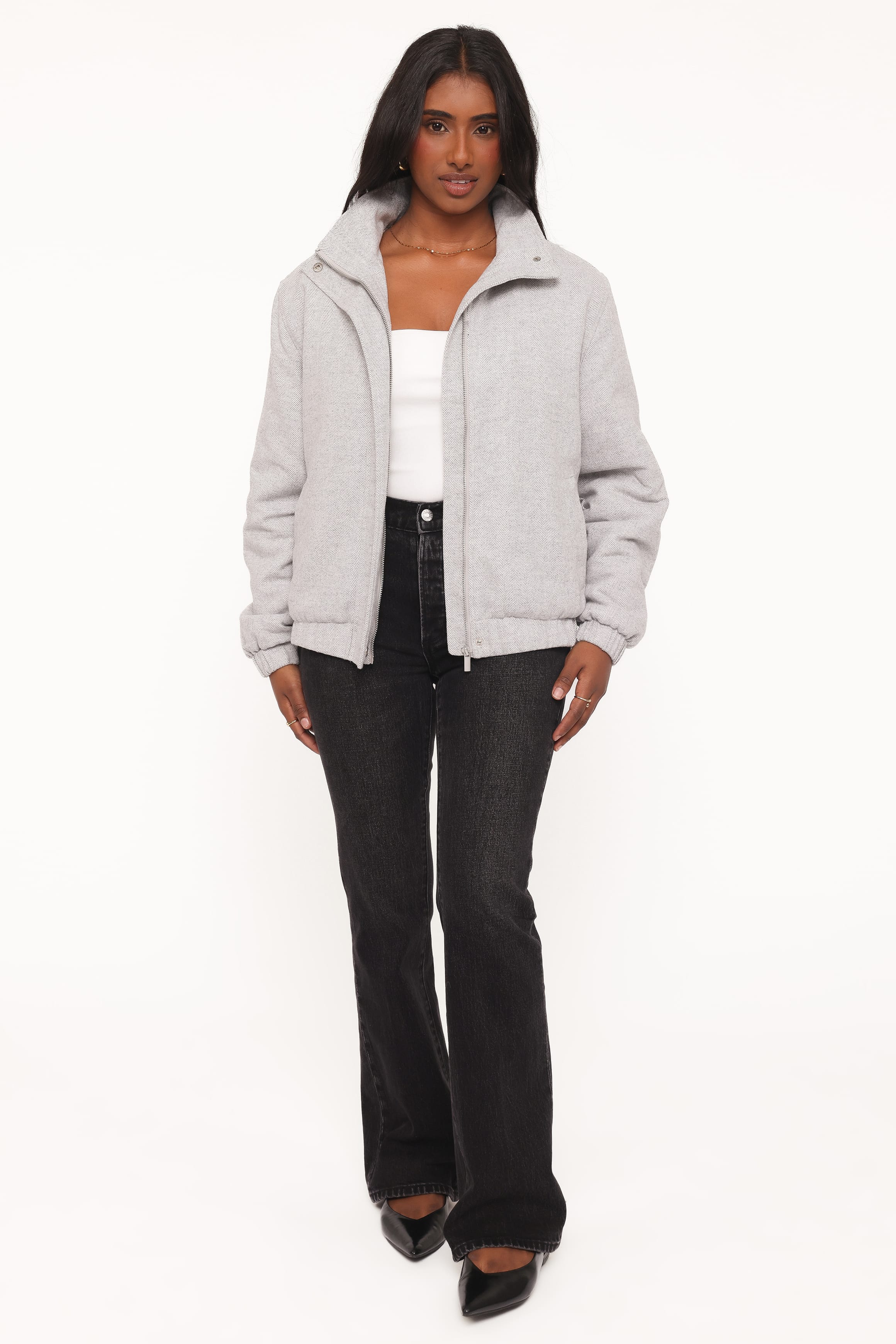 OUTERWEAR Peyton Funnel Neck Bomber Jacket - Grey Herringbone