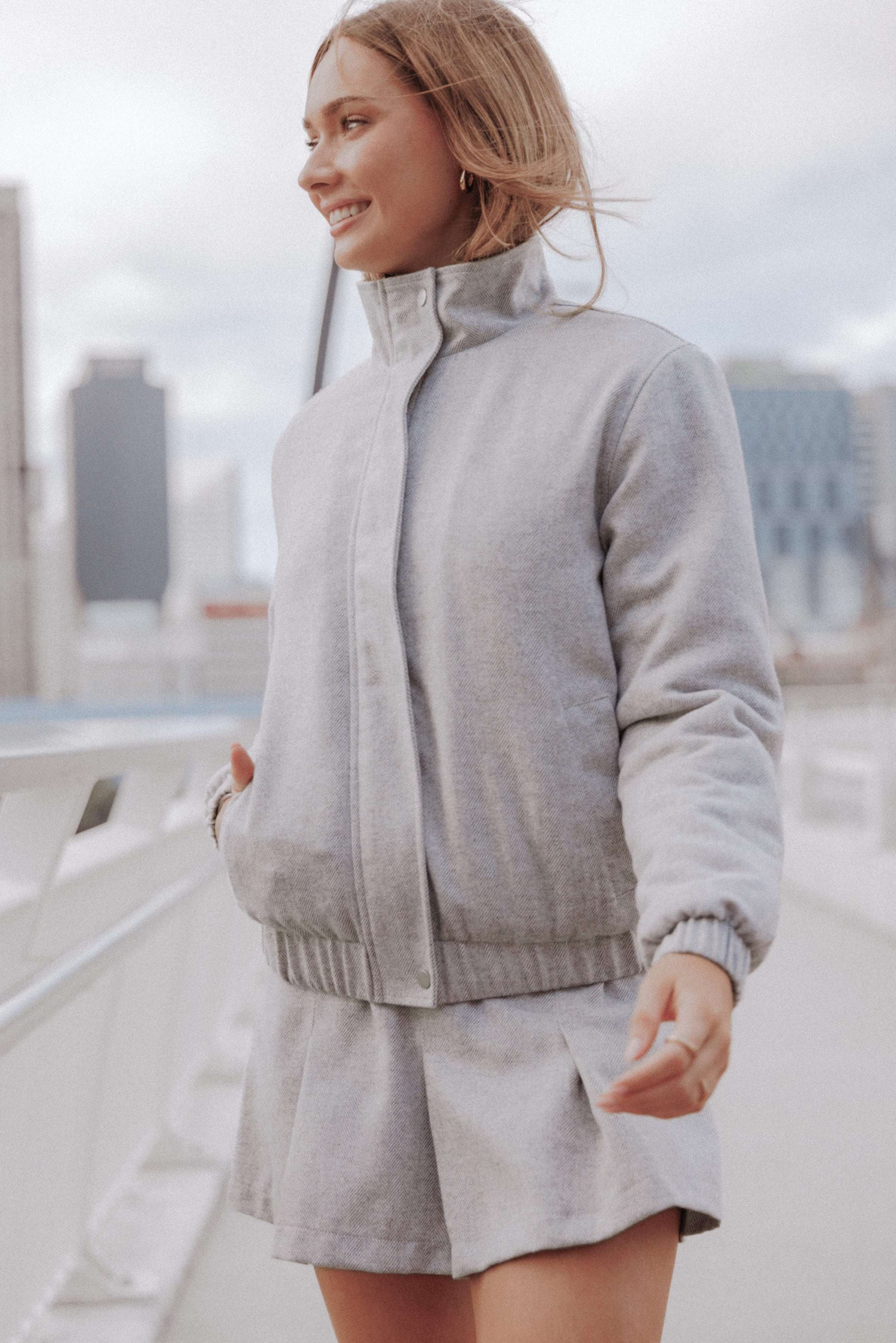 OUTERWEAR Peyton Funnel Neck Bomber Jacket - Grey Herringbone