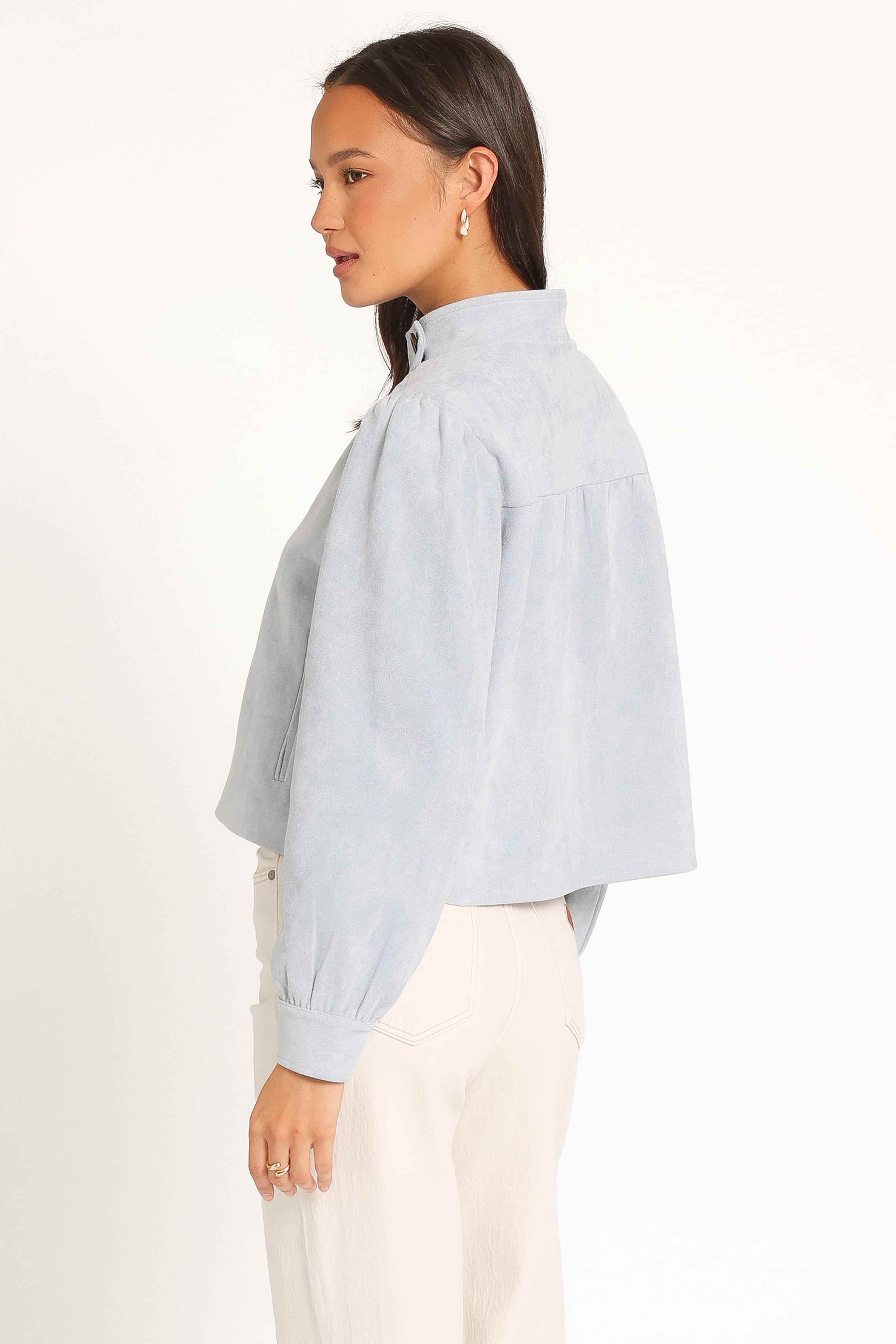 OUTERWEAR Taleah Puff Sleeve Crop Jacket - Baby Blue Suedette