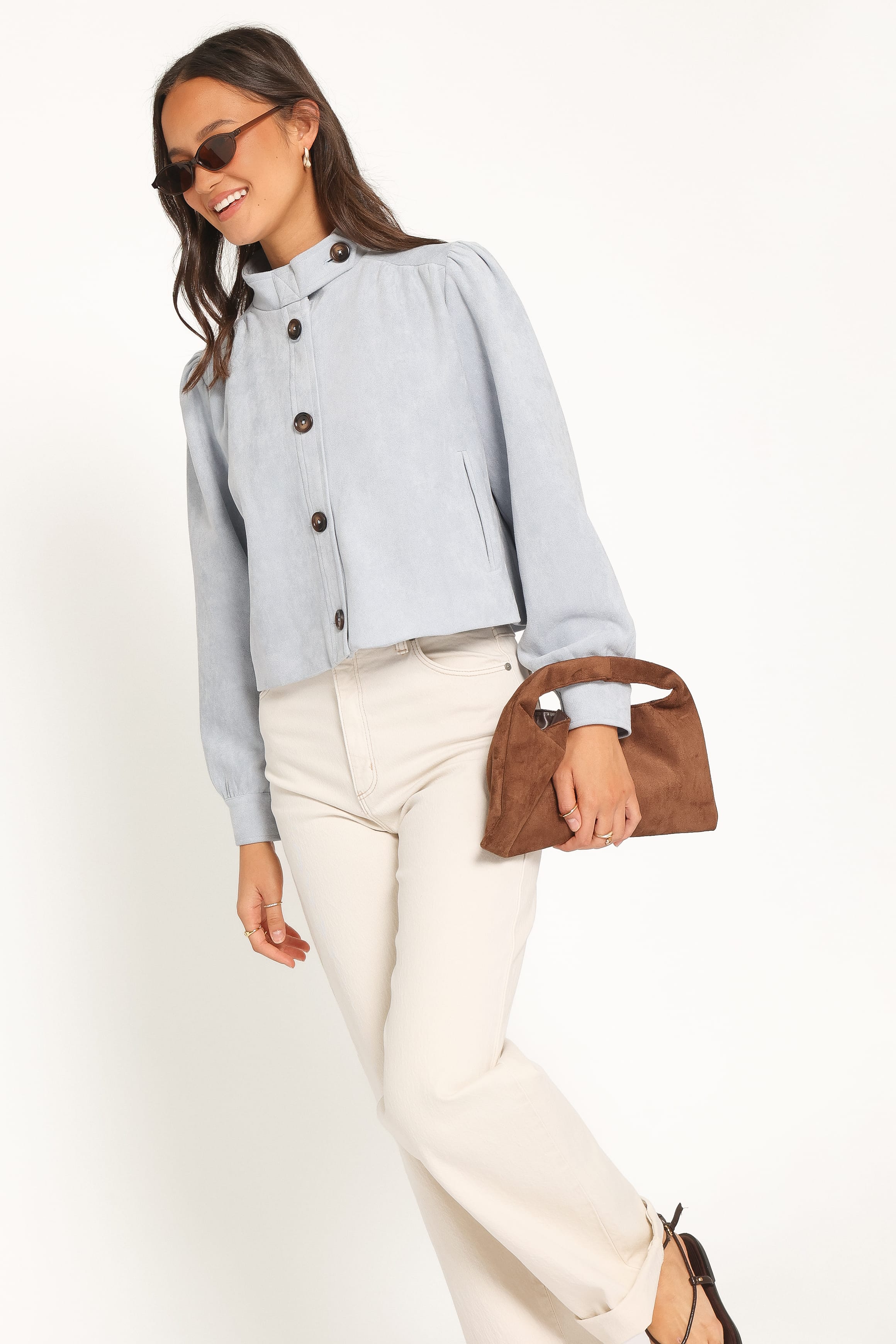 OUTERWEAR Taleah Puff Sleeve Crop Jacket - Baby Blue Suedette