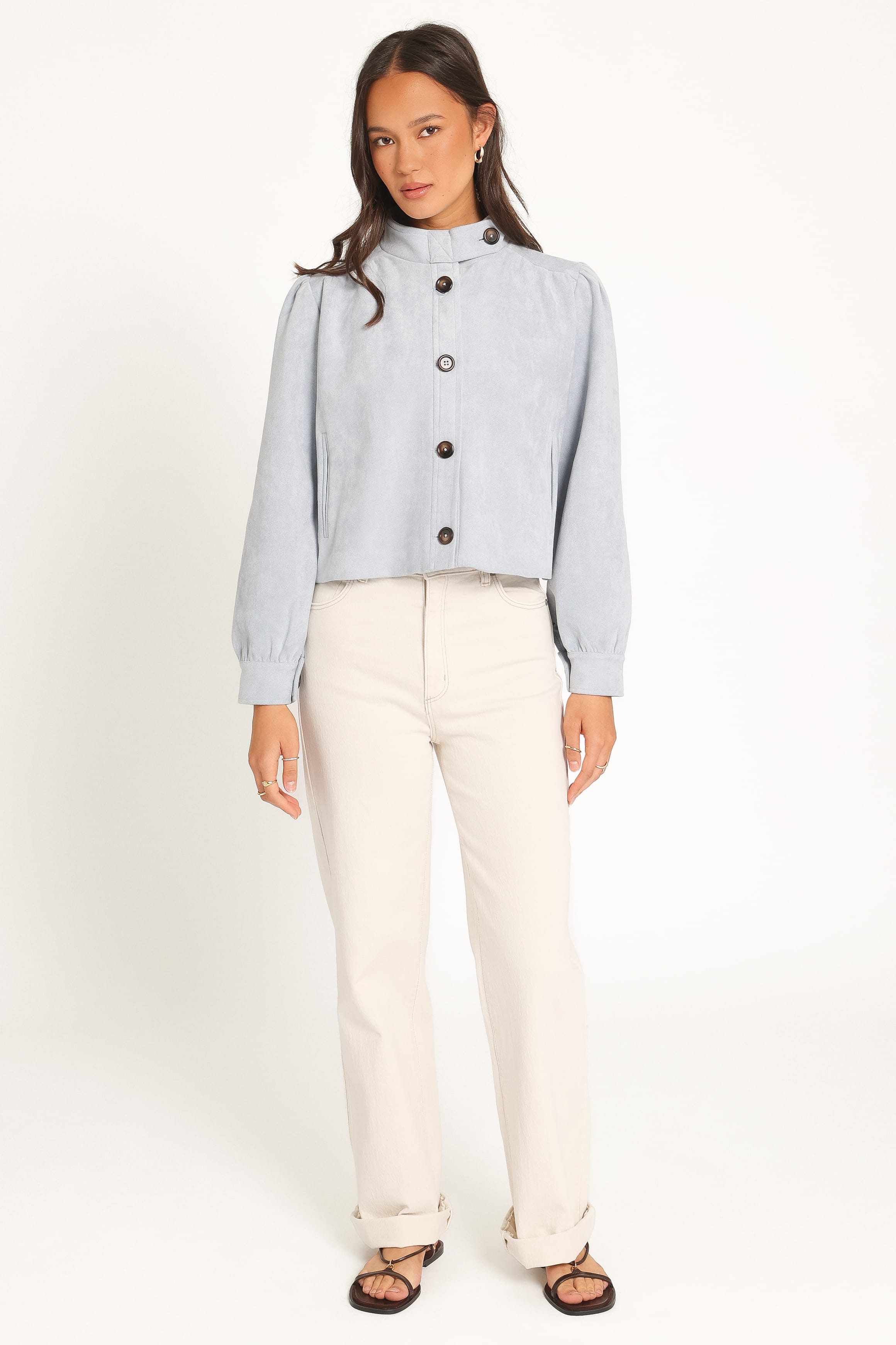 OUTERWEAR Taleah Puff Sleeve Crop Jacket - Baby Blue Suedette