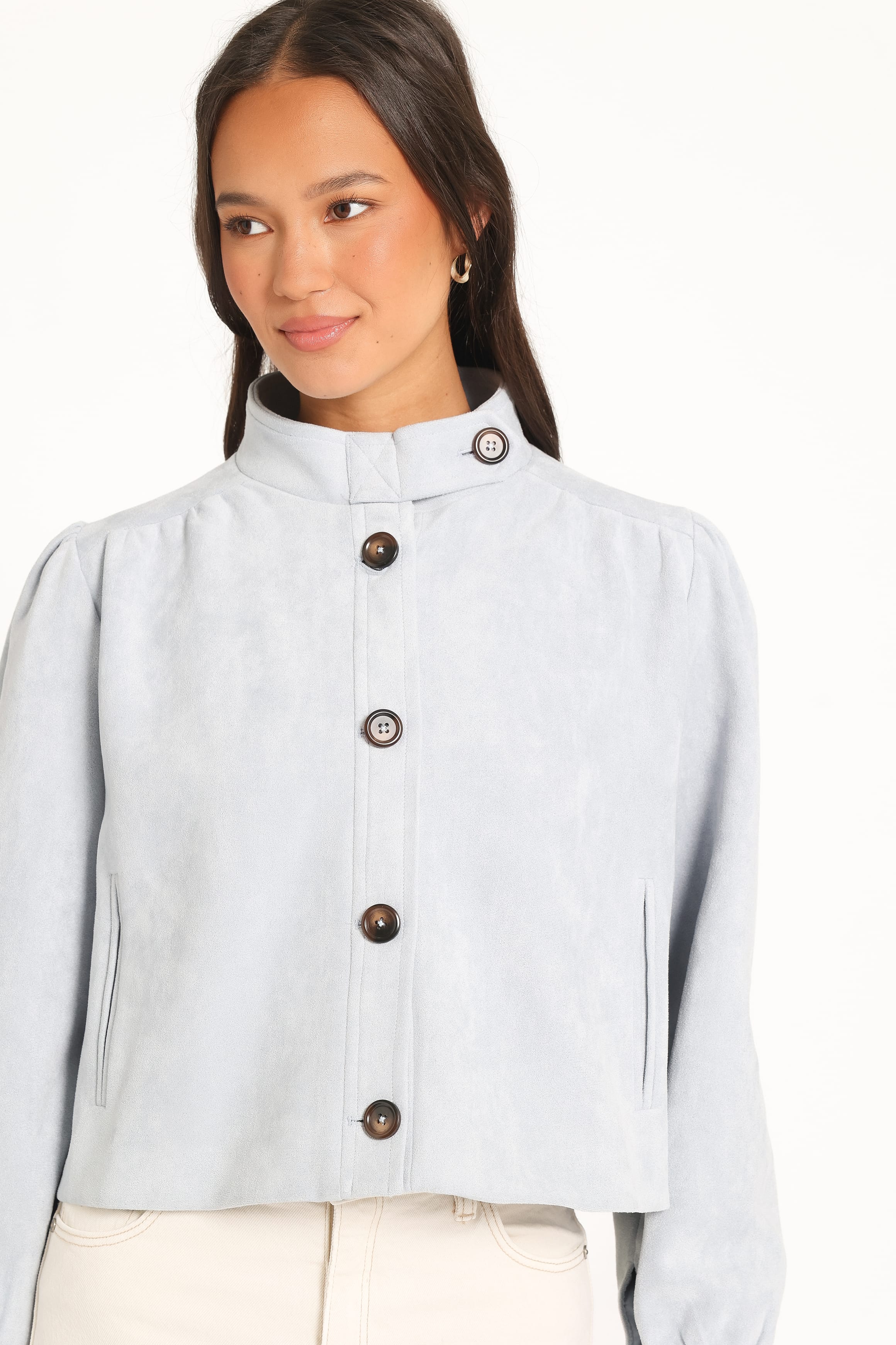 OUTERWEAR Taleah Puff Sleeve Crop Jacket - Baby Blue Suedette