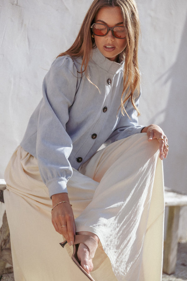 OUTERWEAR Taleah Puff Sleeve Crop Jacket - Baby Blue Suedette