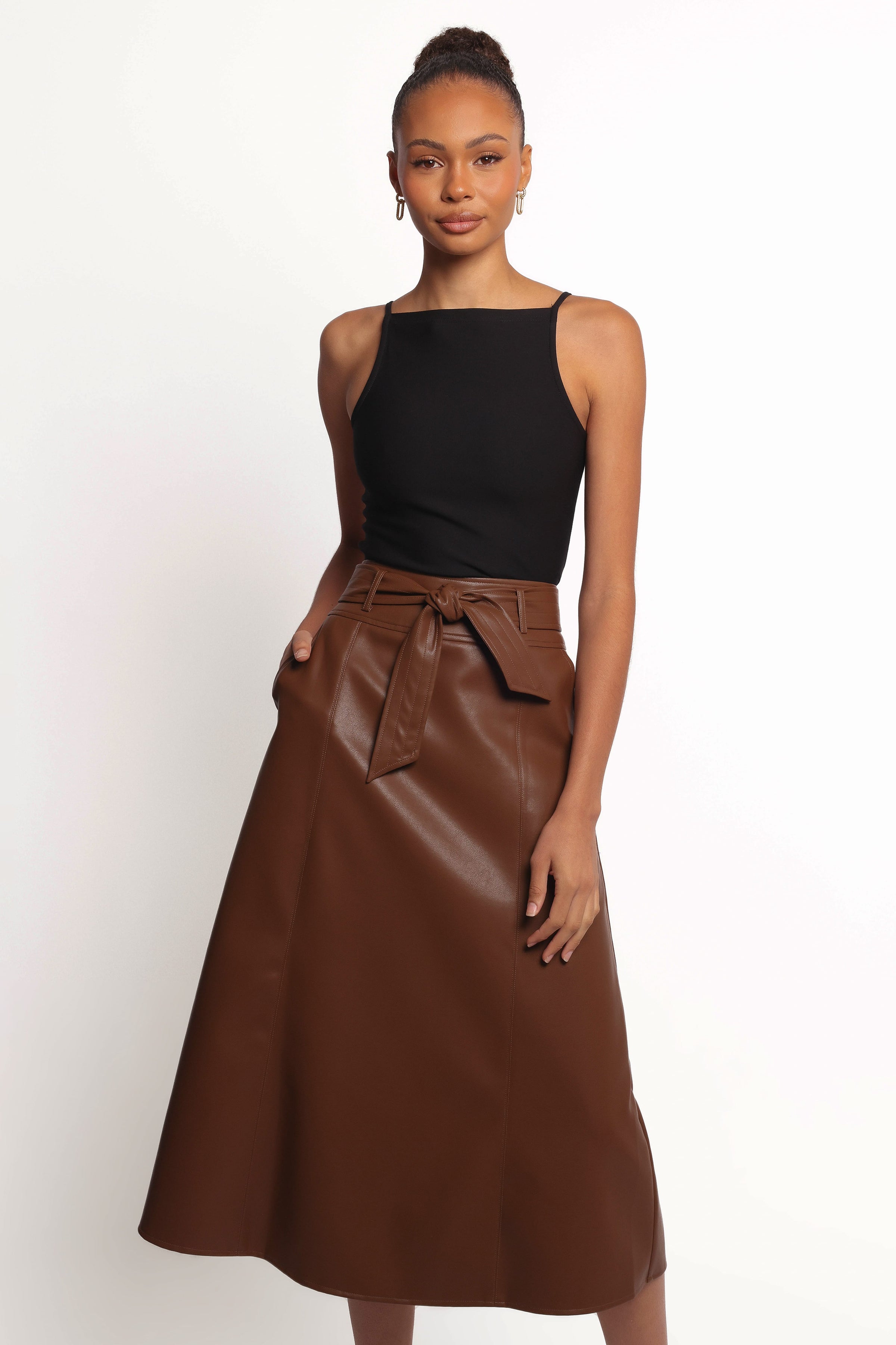 BOTTOMS Adaline Faux Leather Midi Skirt - Brown