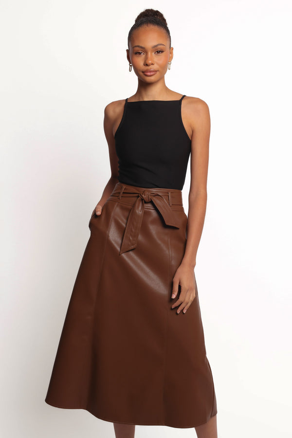 BOTTOMS Adaline Faux Leather Midi Skirt - Brown