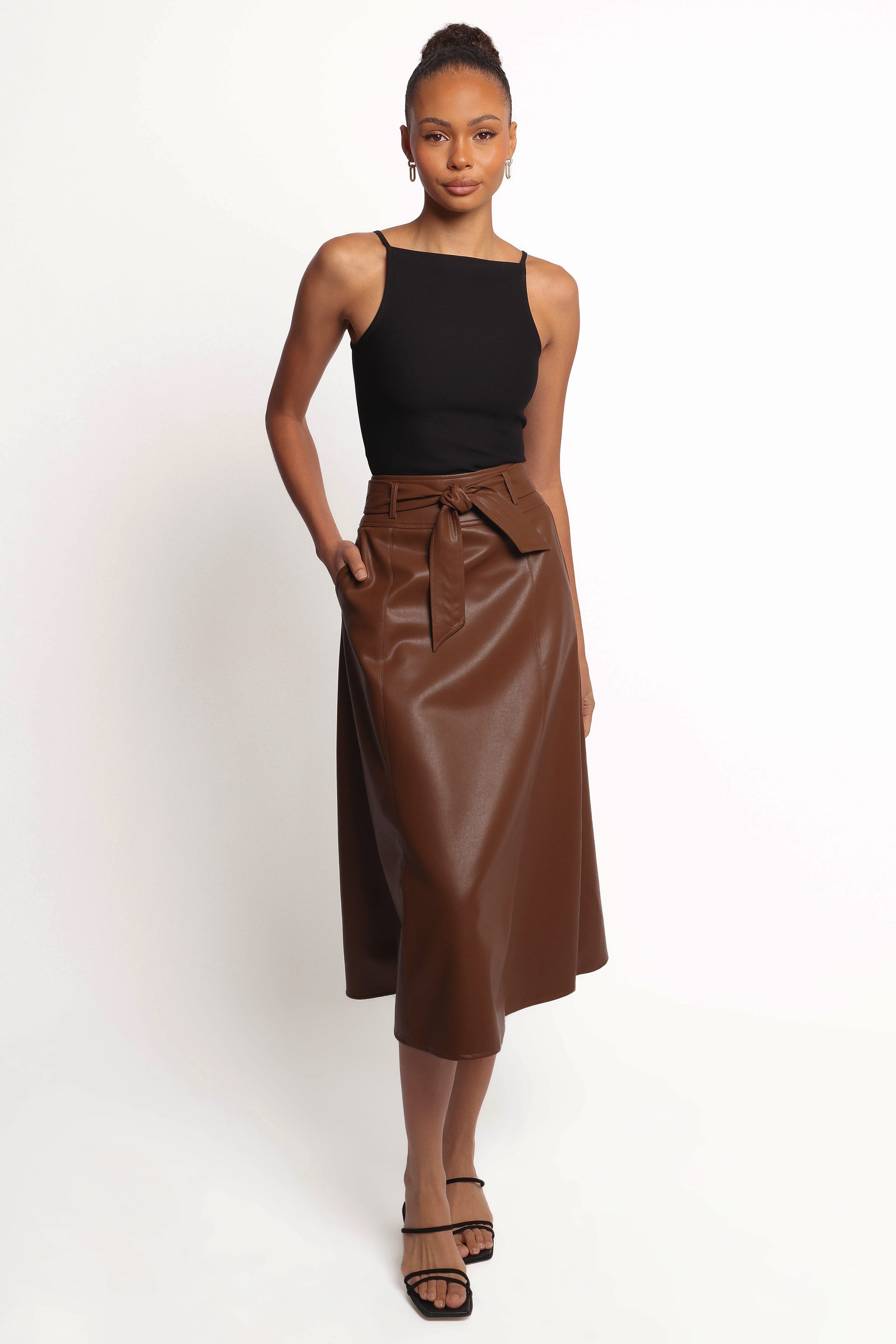 BOTTOMS Adaline Faux Leather Midi Skirt - Brown